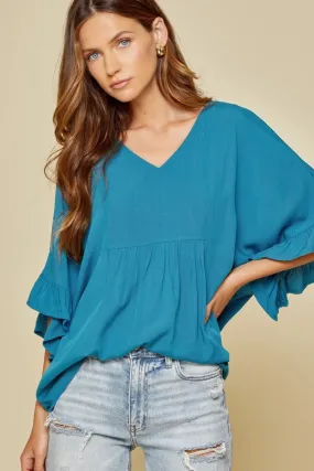 Ruffle Sleeve Top, Teal