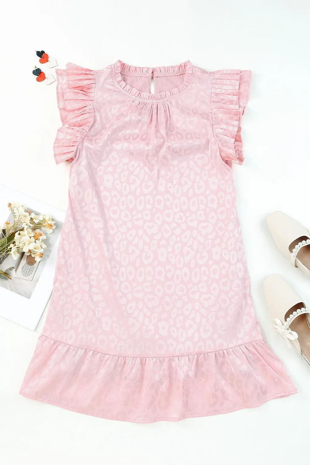 Ruffled Satin Blush Leopard Mini Dress