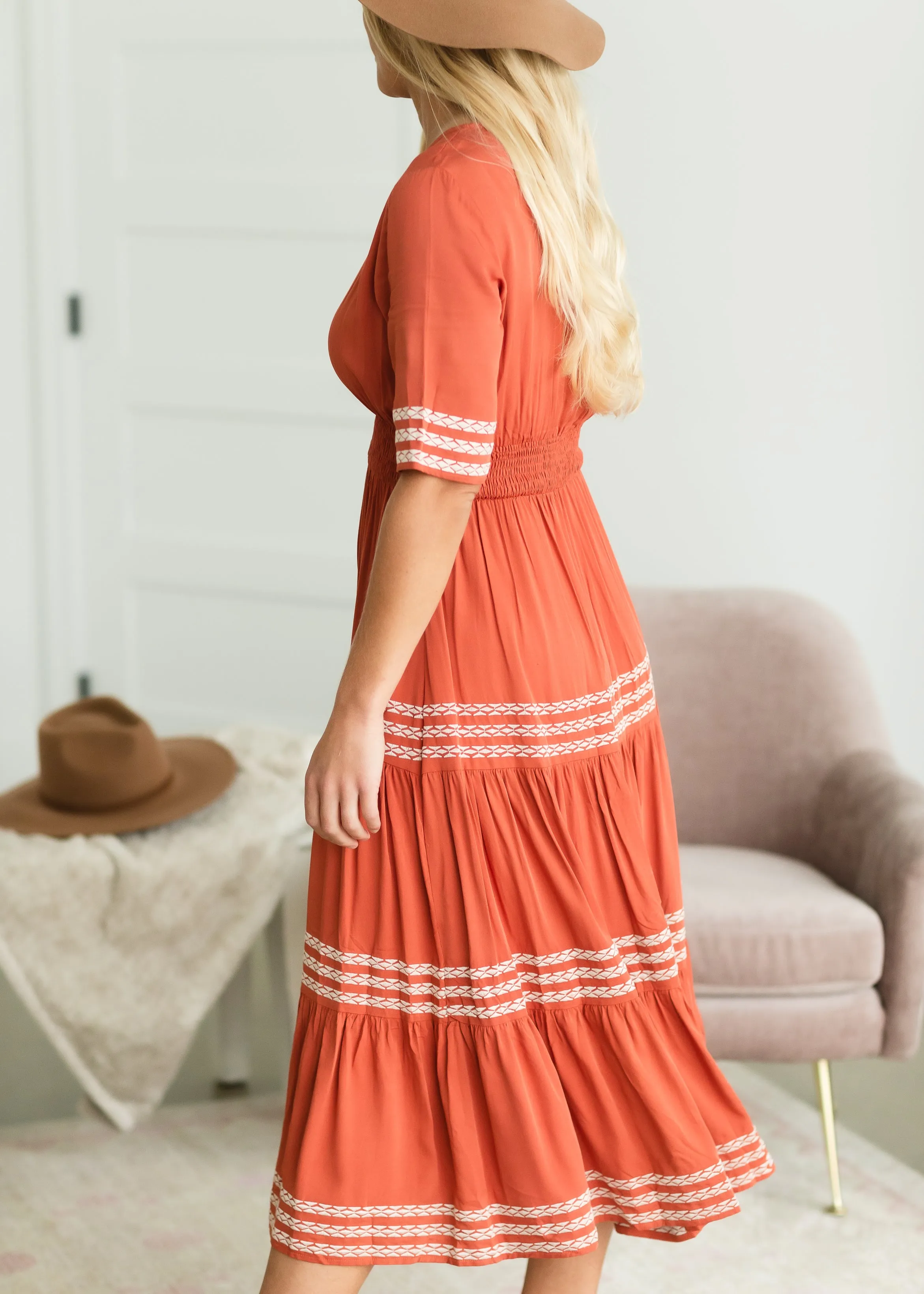 Rust Smocked Tiered Midi Dress - FINAL SALE