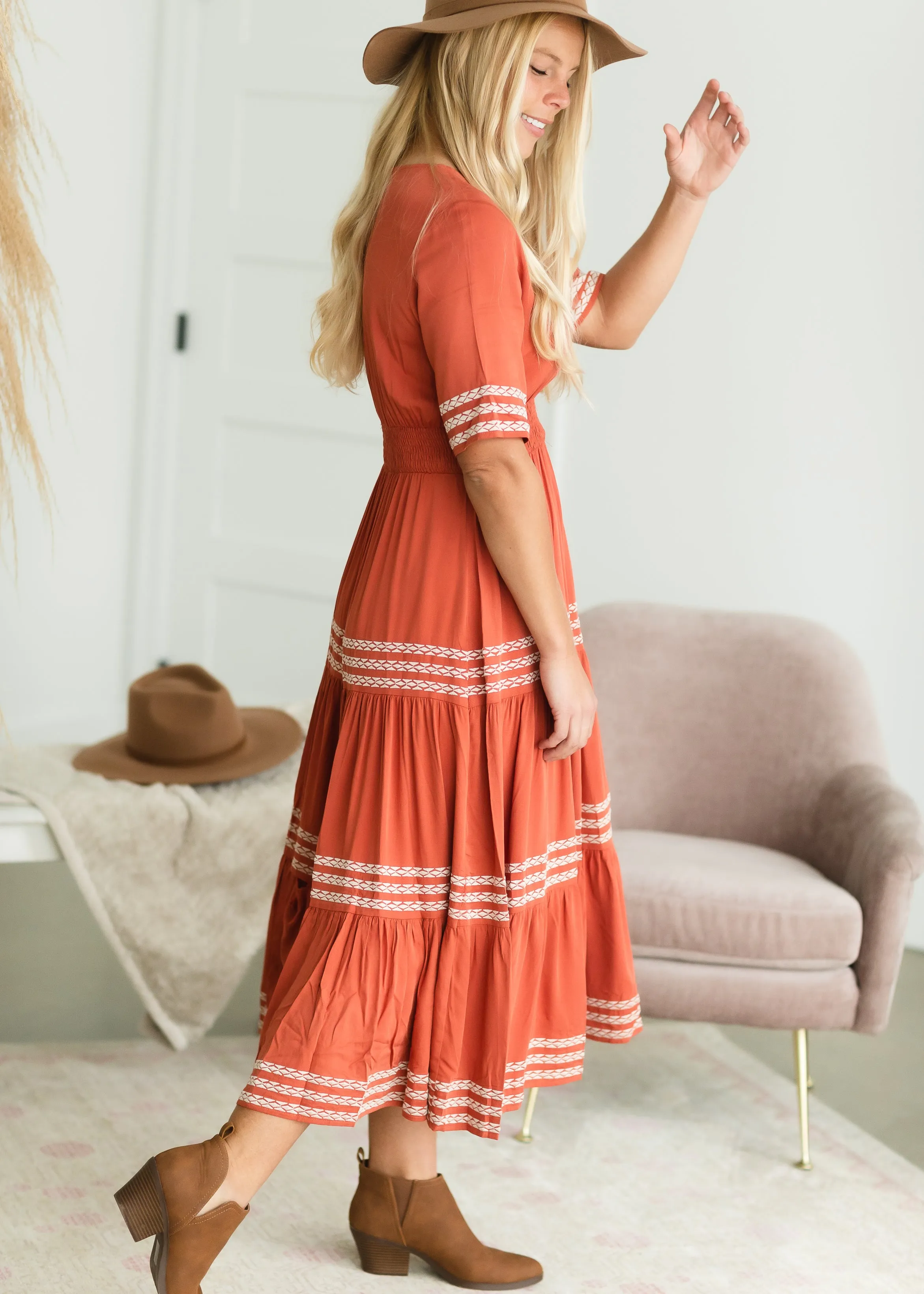 Rust Smocked Tiered Midi Dress - FINAL SALE