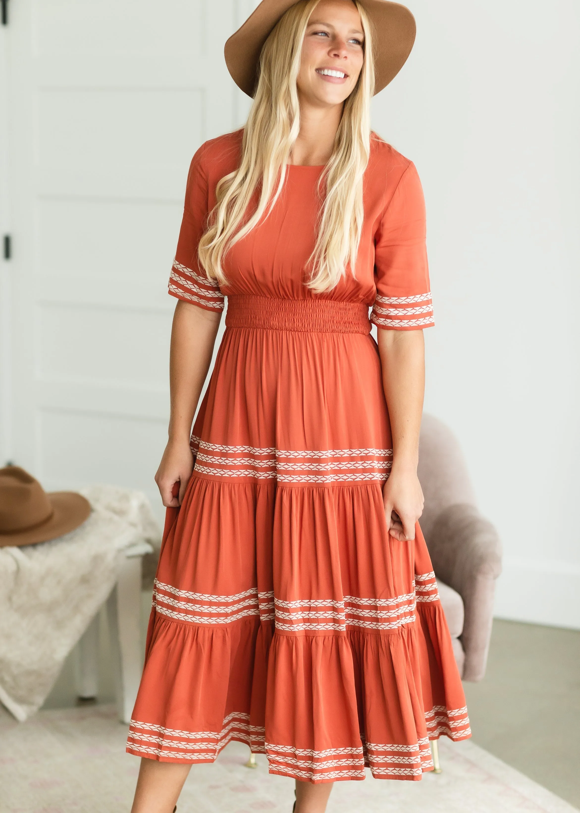 Rust Smocked Tiered Midi Dress - FINAL SALE