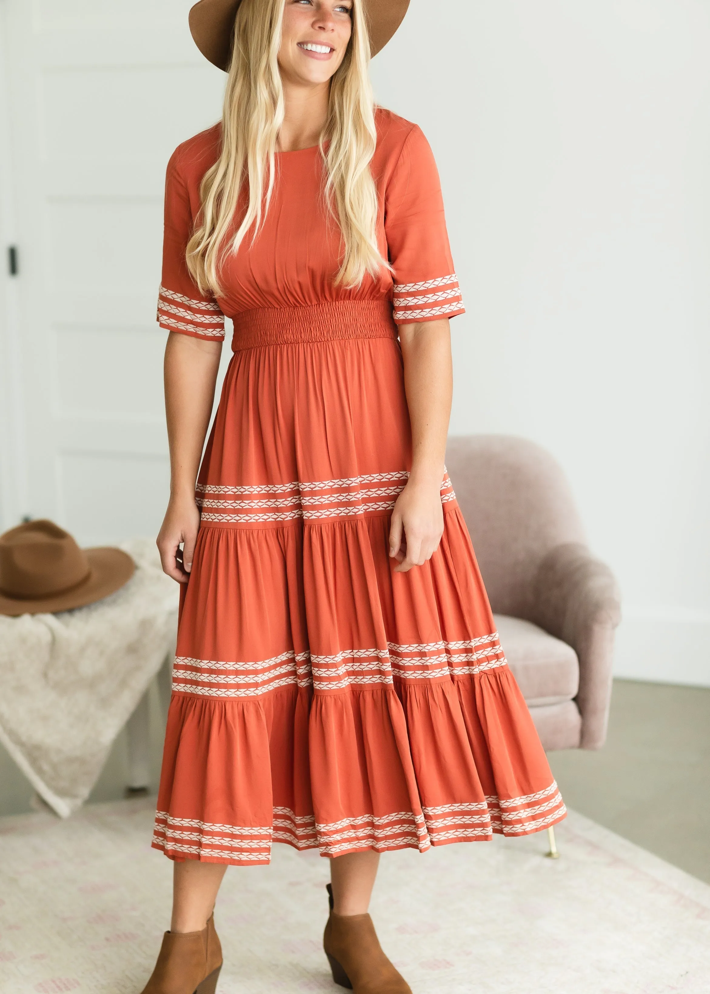 Rust Smocked Tiered Midi Dress - FINAL SALE