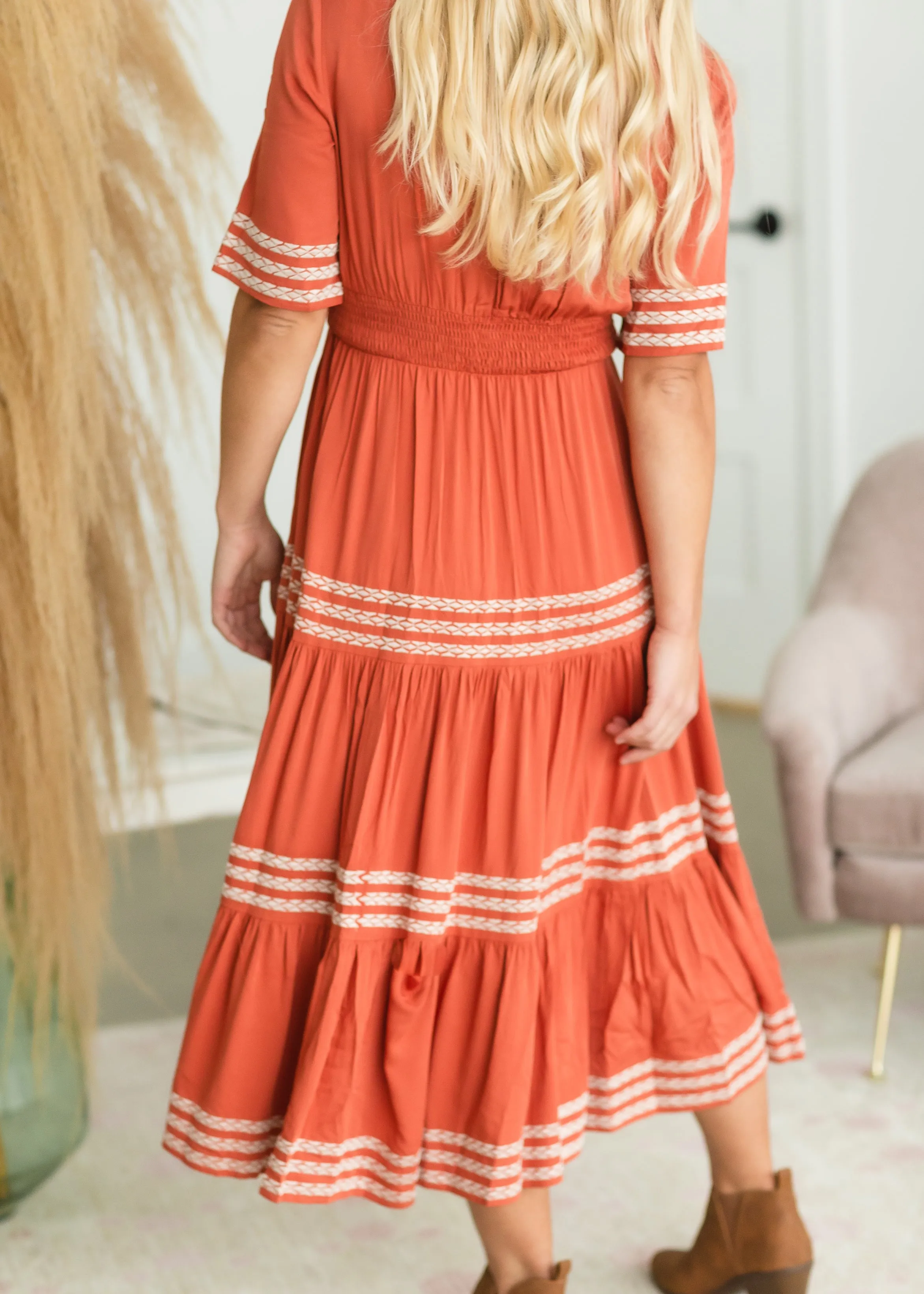 Rust Smocked Tiered Midi Dress - FINAL SALE