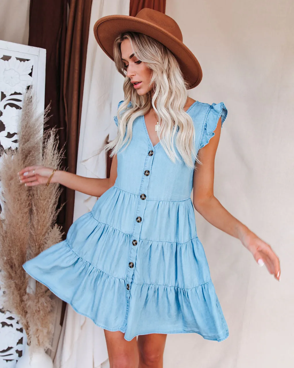 Rydian Button Down Chambray Babydoll Dress