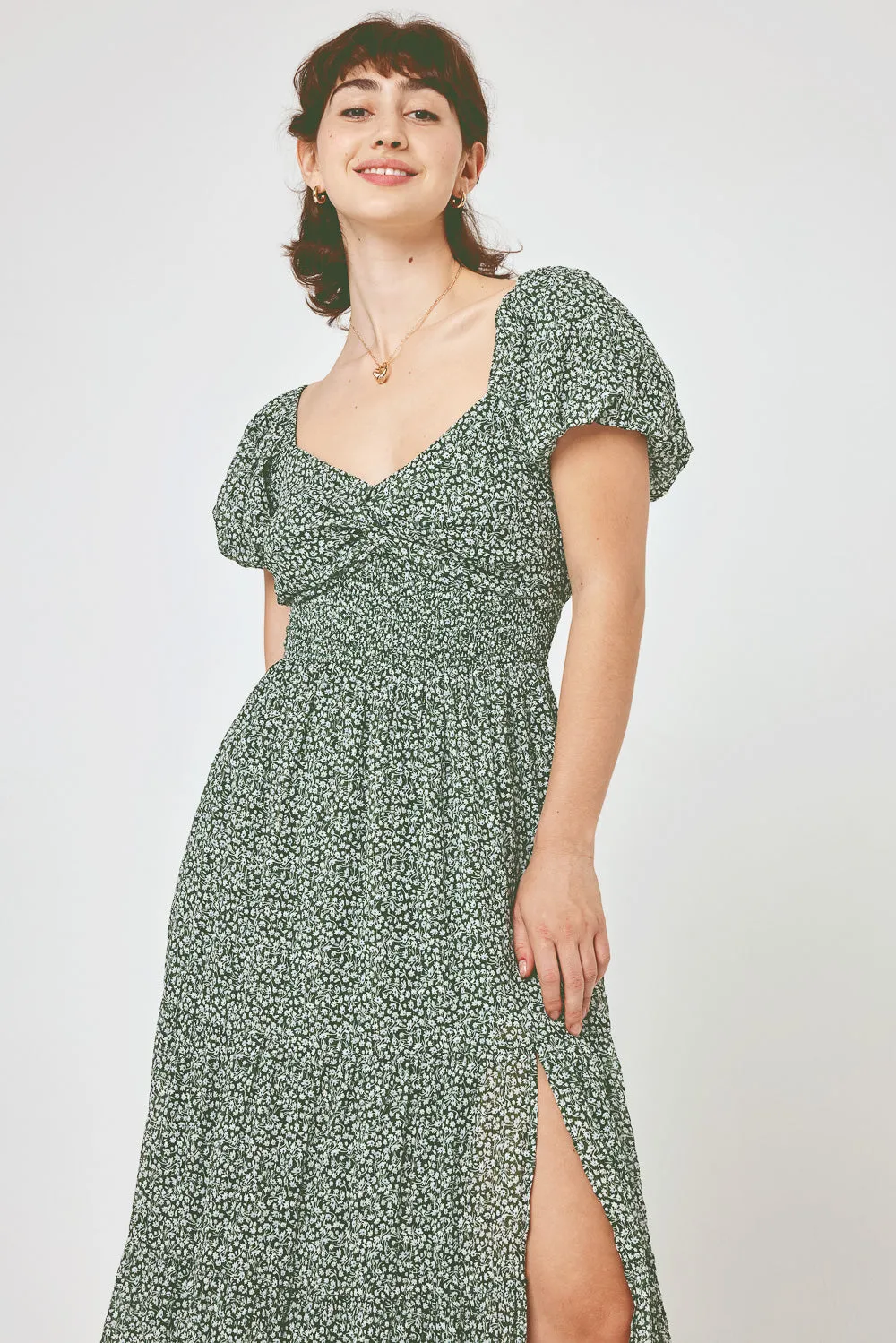 Sage Floral Puff Sleeve Twist Midi Dress