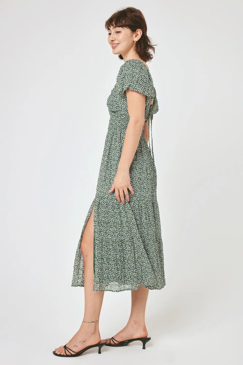 Sage Floral Puff Sleeve Twist Midi Dress