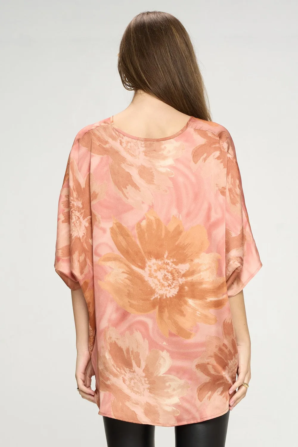 Satin Floral Print Poncho Tunic