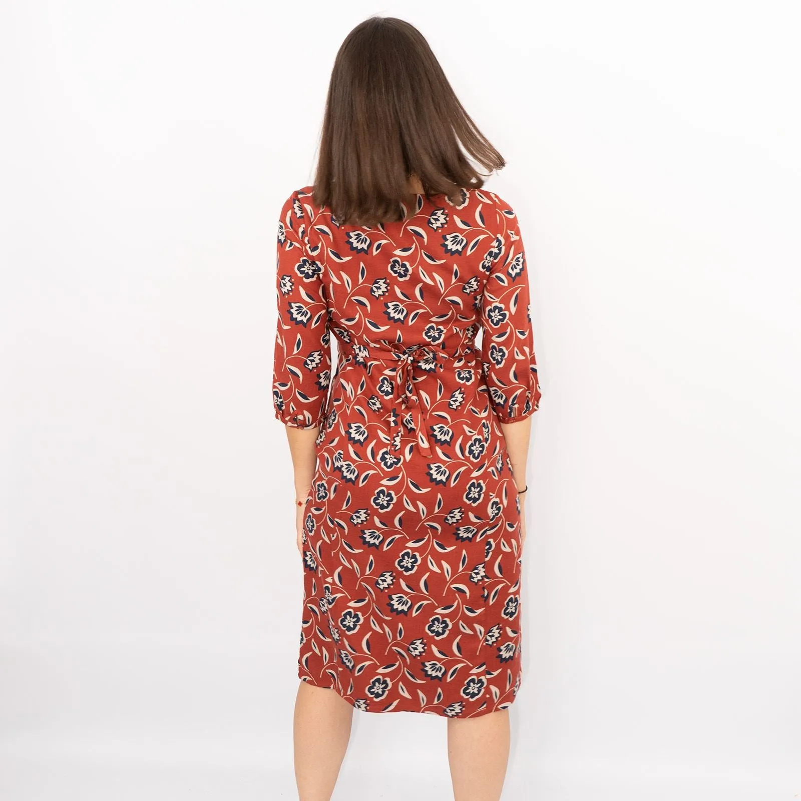 Seasalt 3/4 Sleeve Rust Red Floral Pockets Tie Waist Midi Shift Dresses