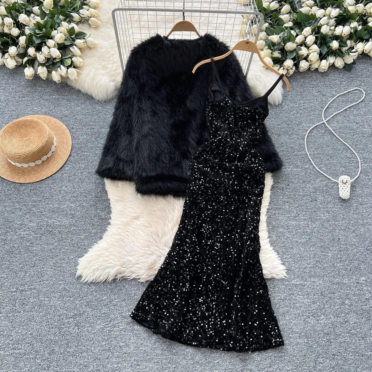 Sequined Black Dress&Furry Shawl 2Pcs