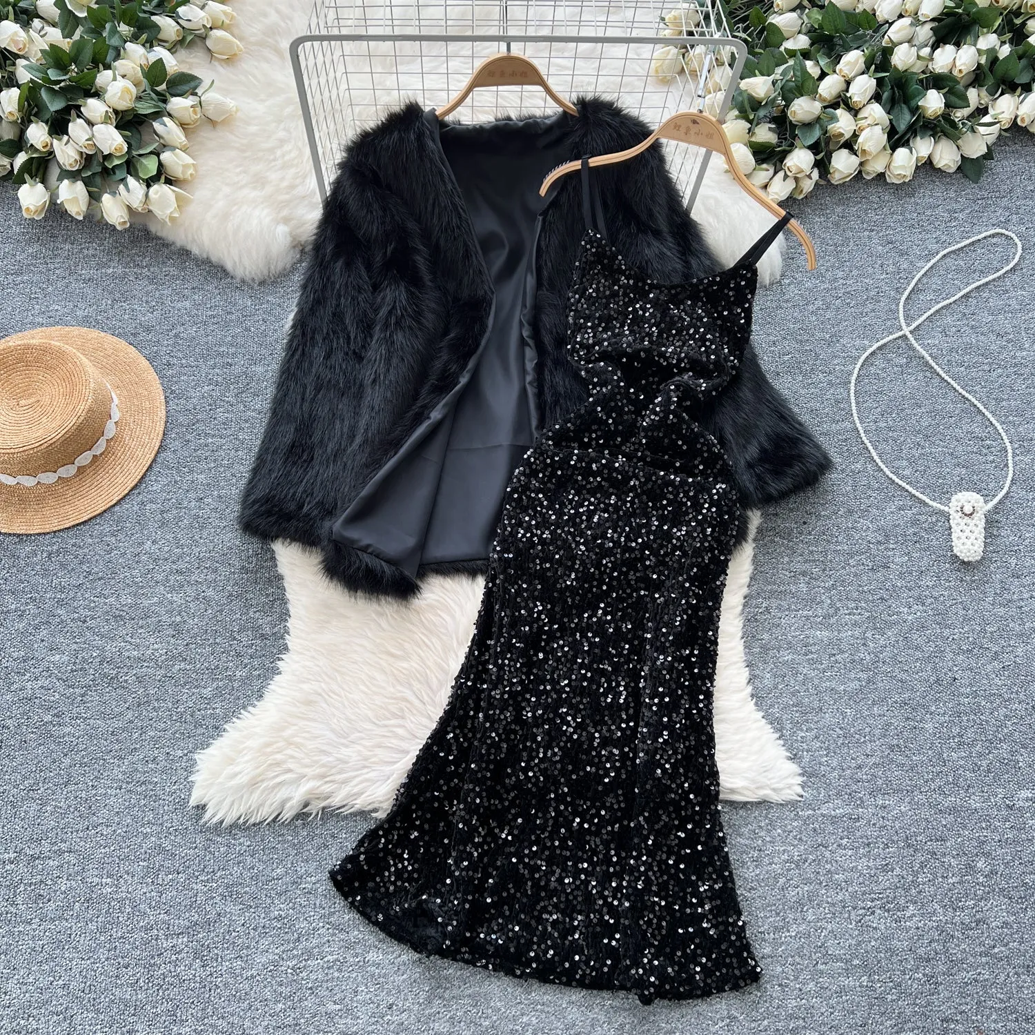 Sequined Black Dress&Furry Shawl 2Pcs