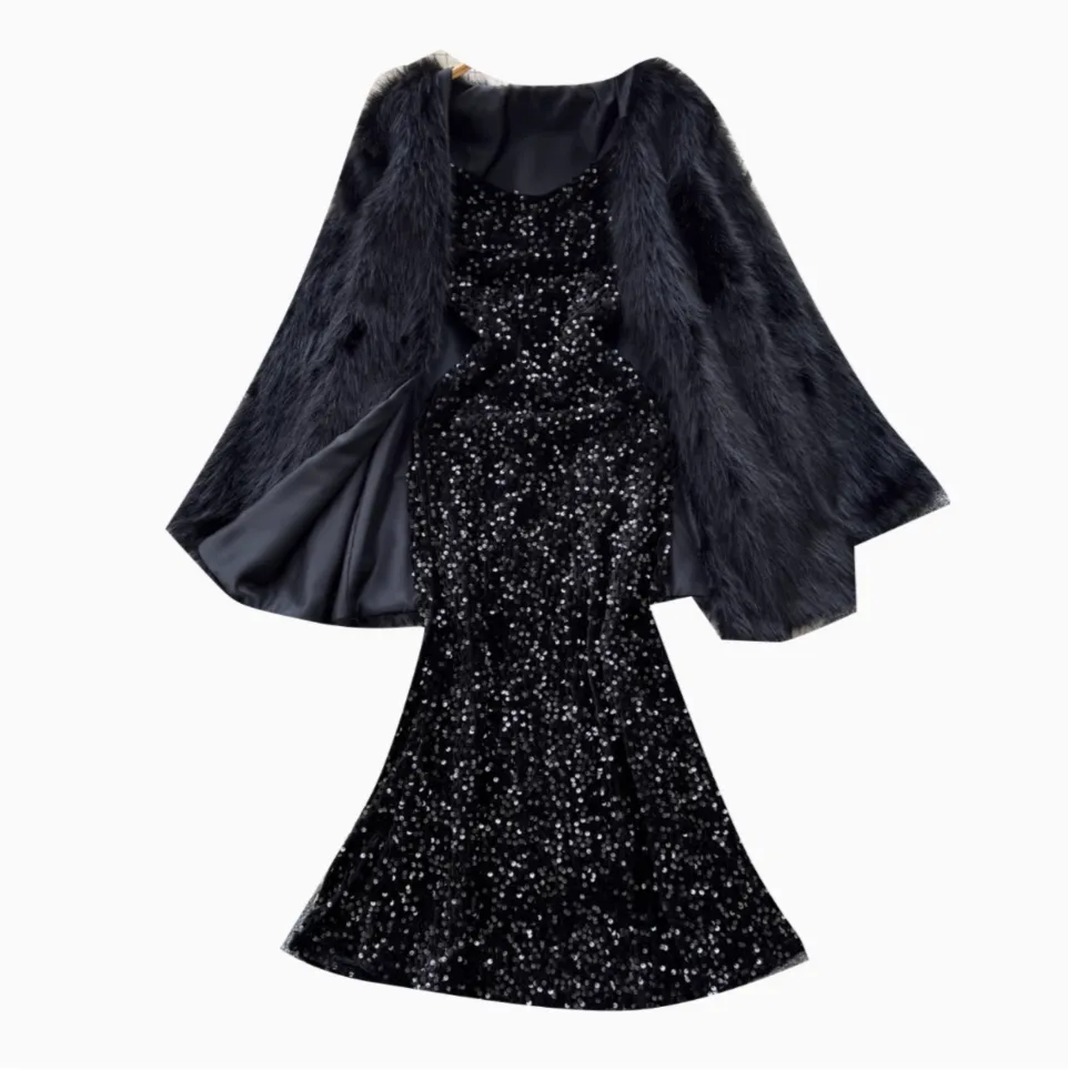 Sequined Black Dress&Furry Shawl 2Pcs