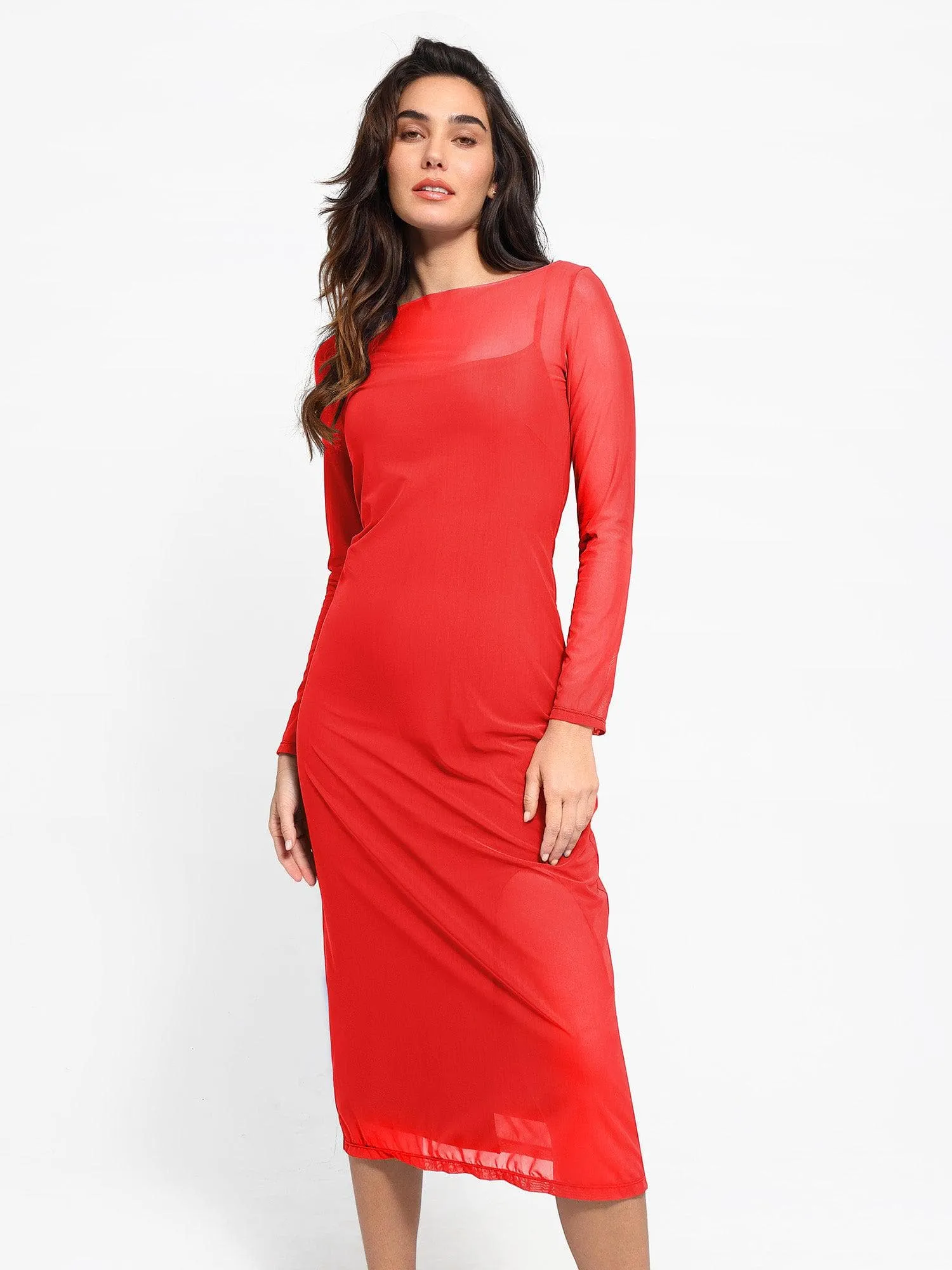 Shapewear Slimming Midi Dress and Sheer Mesh Overlay Set