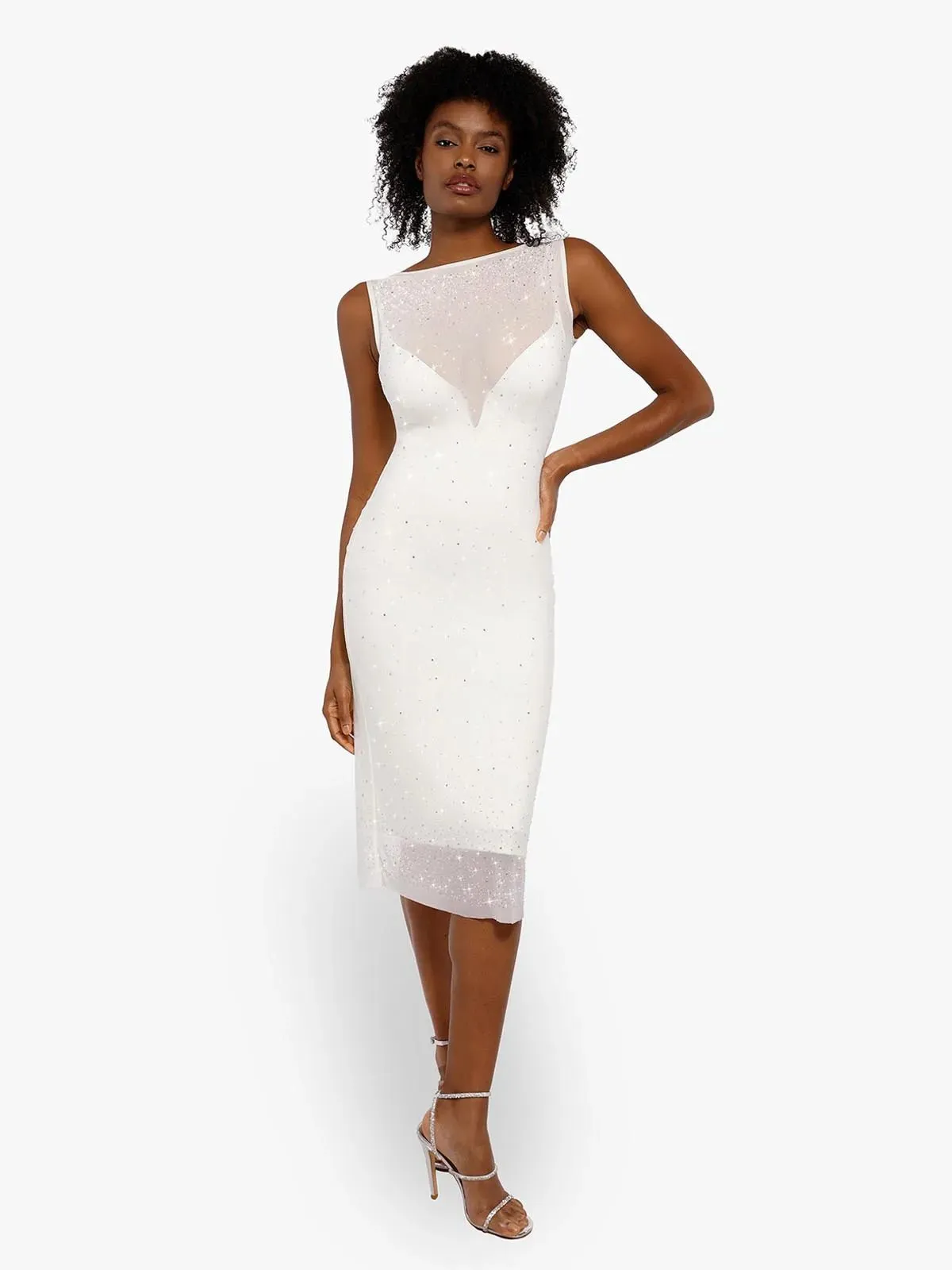 Shapewear Two-in-One Heat-Set Crystal Mesh Slim Midi Dress For Insiders