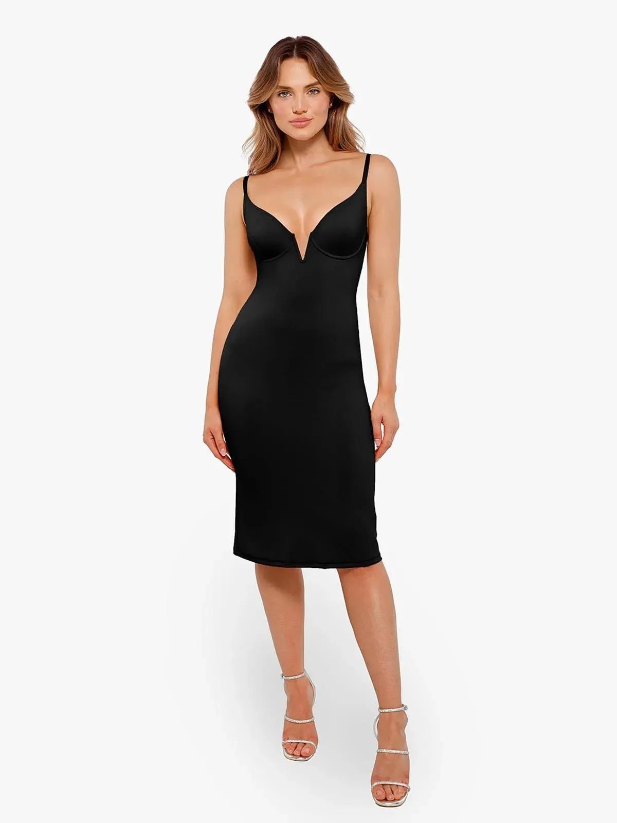 Shapewear Two-in-One Heat-Set Crystal Mesh Slim Midi Dress For Insiders