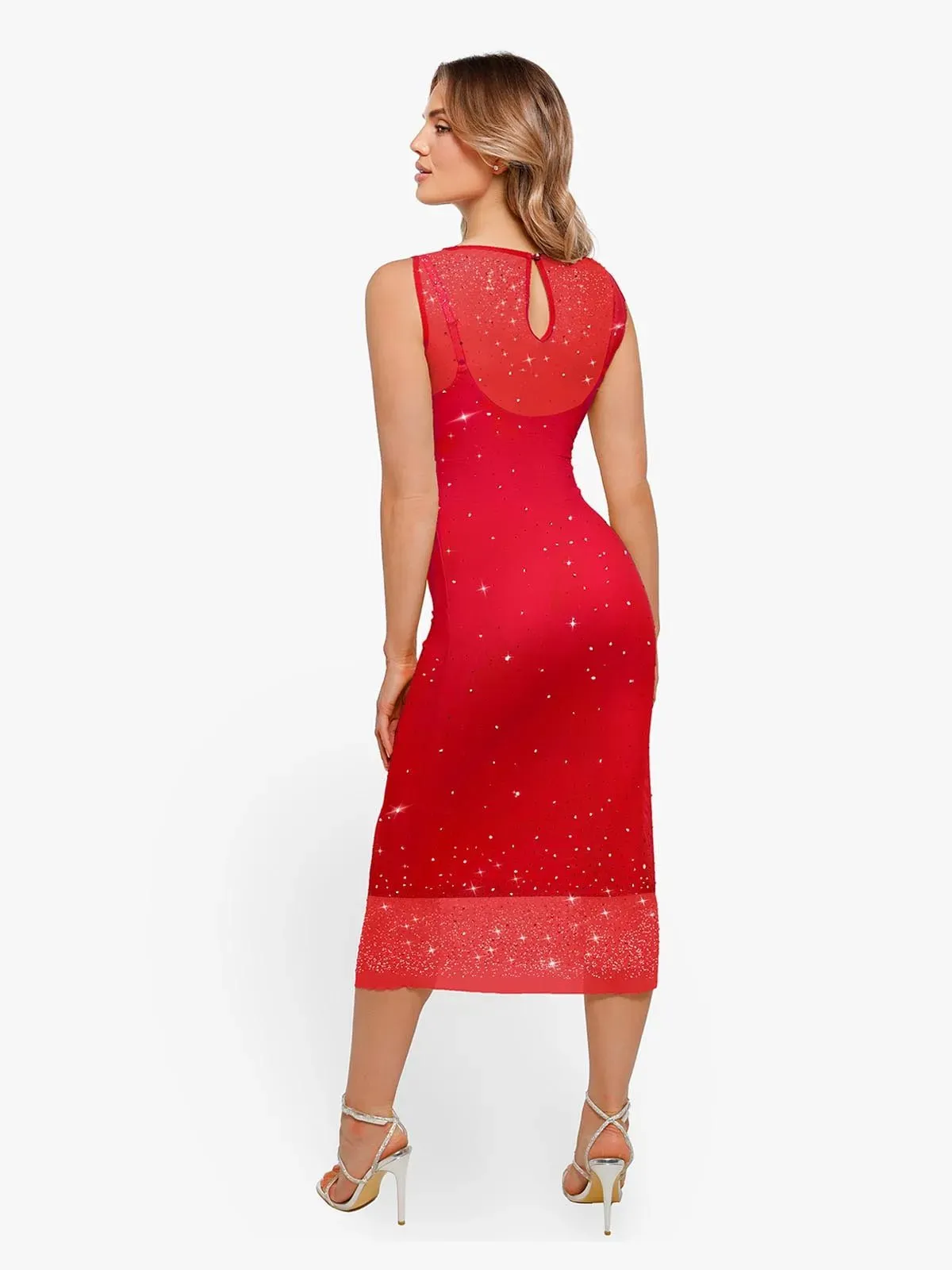 Shapewear Two-in-One Heat-Set Crystal Mesh Slim Midi Dress For Insiders