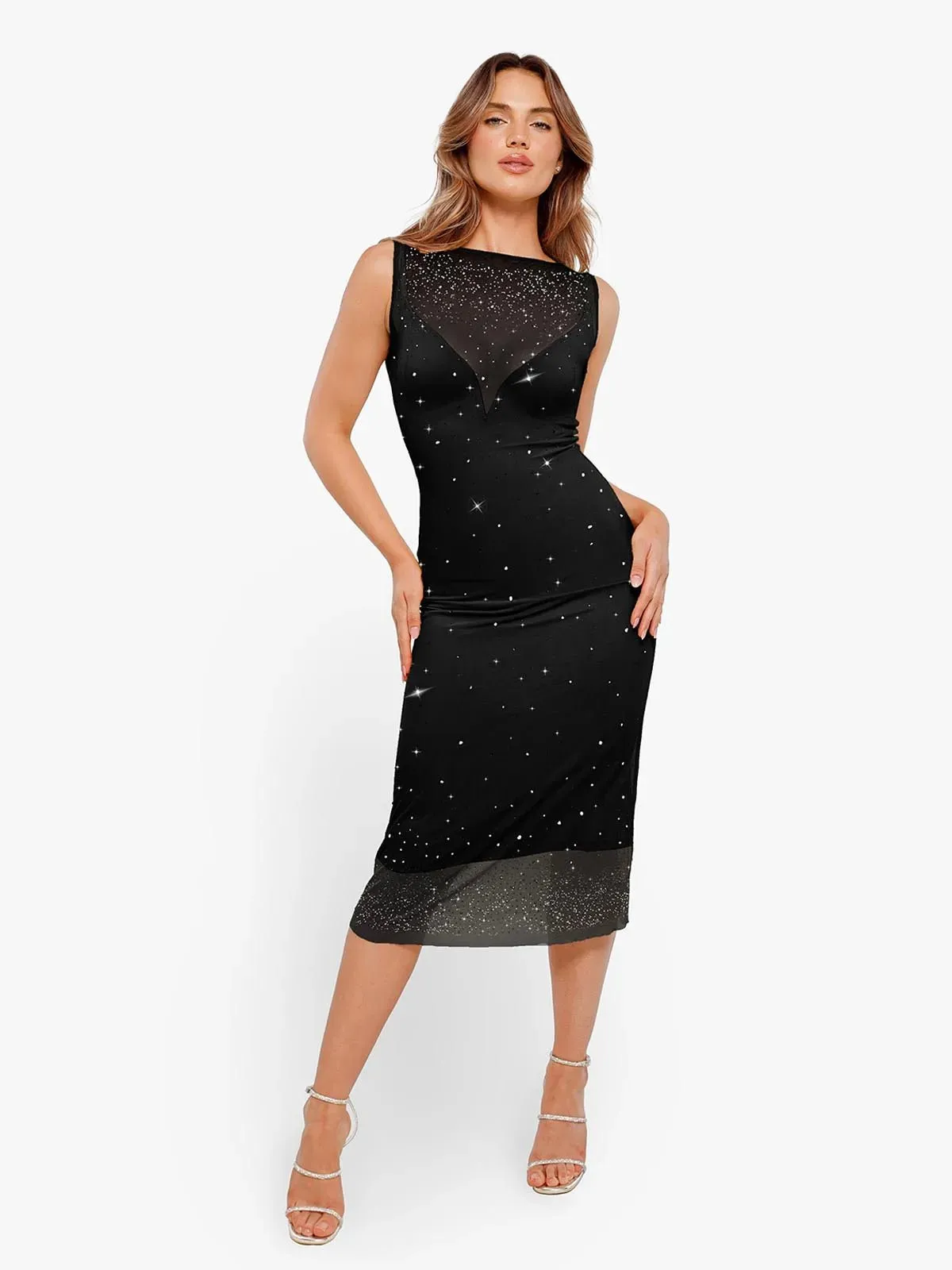 Shapewear Two-in-One Heat-Set Crystal Mesh Slim Midi Dress For Insiders