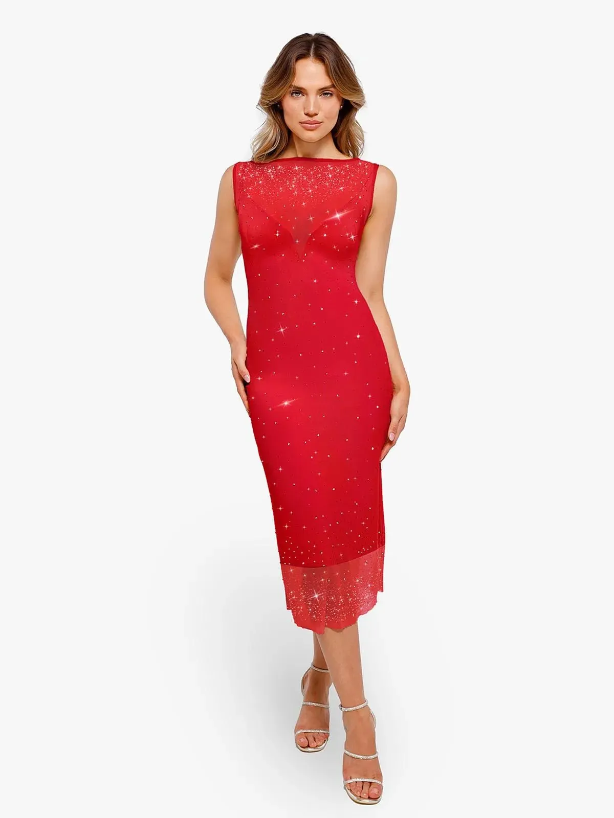 Shapewear Two-in-One Heat-Set Crystal Mesh Slim Midi Dress For Insiders