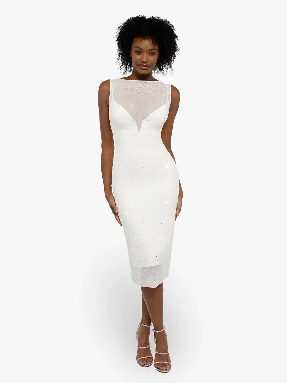 Shapewear Two-in-One Heat-Set Crystal Mesh Slim Midi Dress For Insiders