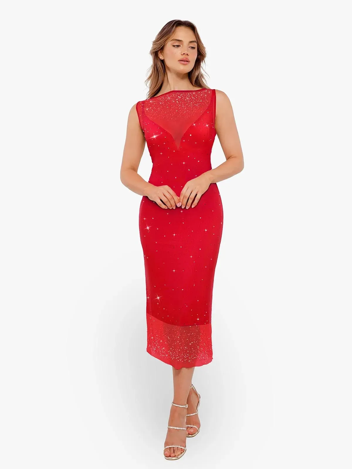 Shapewear Two-in-One Heat-Set Crystal Mesh Slim Midi Dress For Insiders