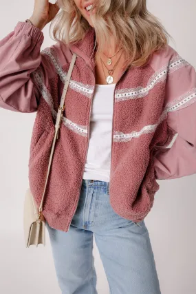 Sherpa Lace Patchwork Zip Up Jacket