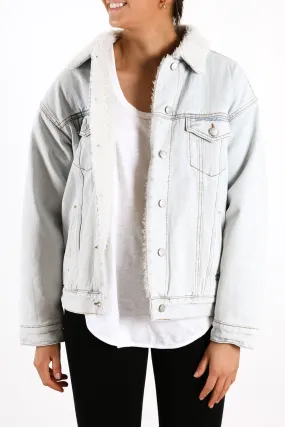 Sherpa Lined Boyfriend Denim Jacket Light Wash