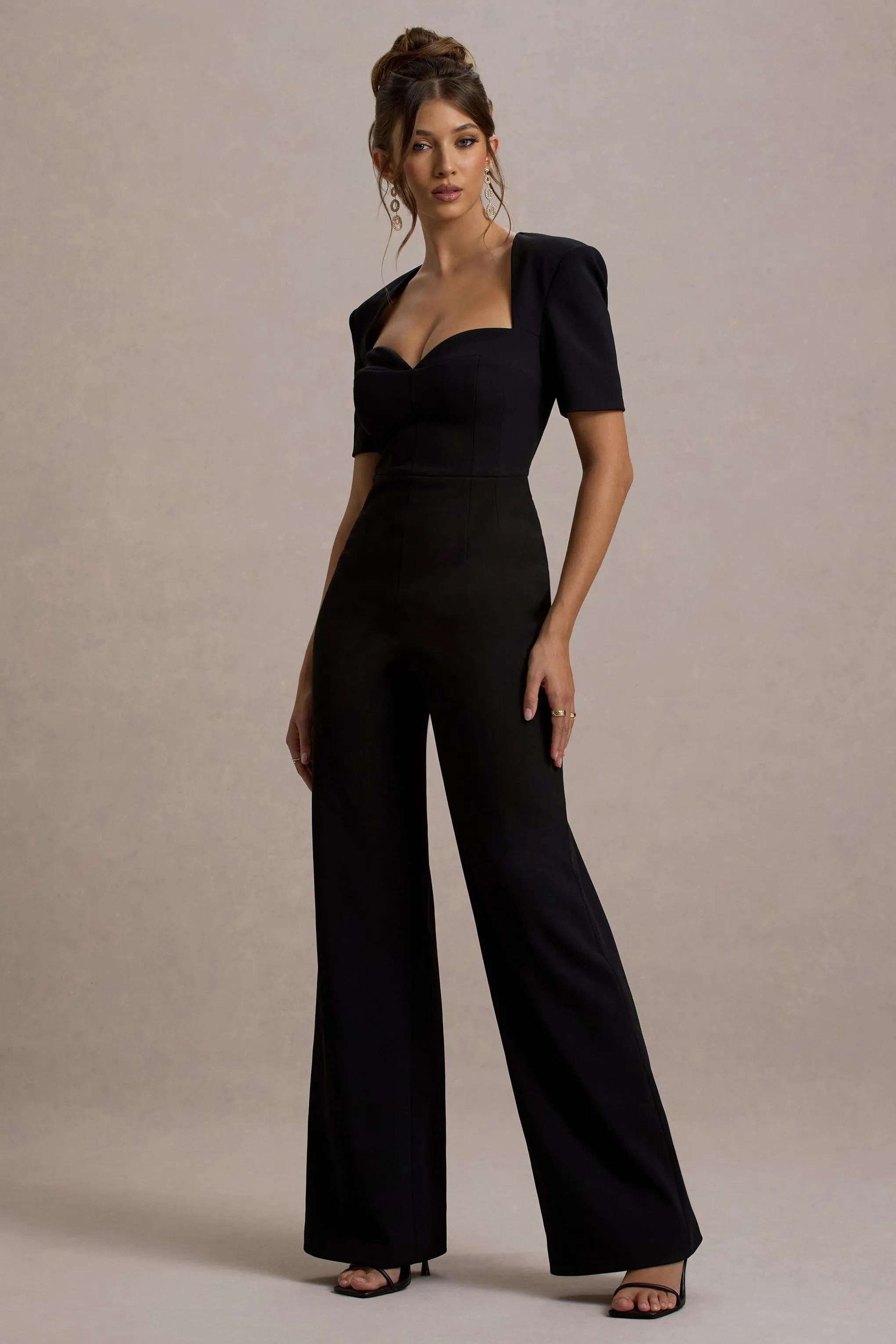 Simone | Black Sweetheart Short-Sleeve Wide-Leg Jumpsuit