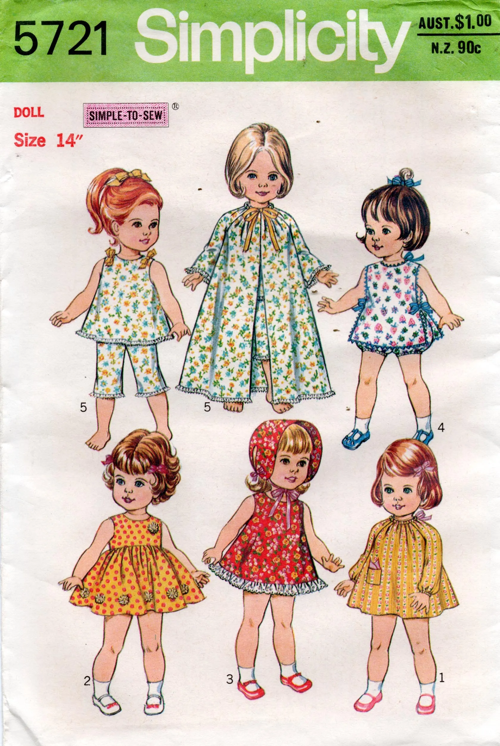 Simplicity 5721 EASY Retro Baby Doll Clothes 1970s Vintage Sewing Pattern for 14  or 18 Inch Dolls