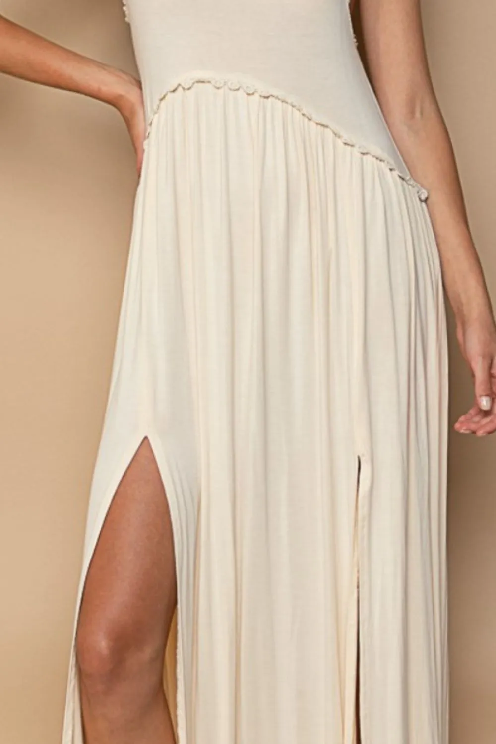 Sleeveless Back Zipper Front Slit Maxi Dress | Cream