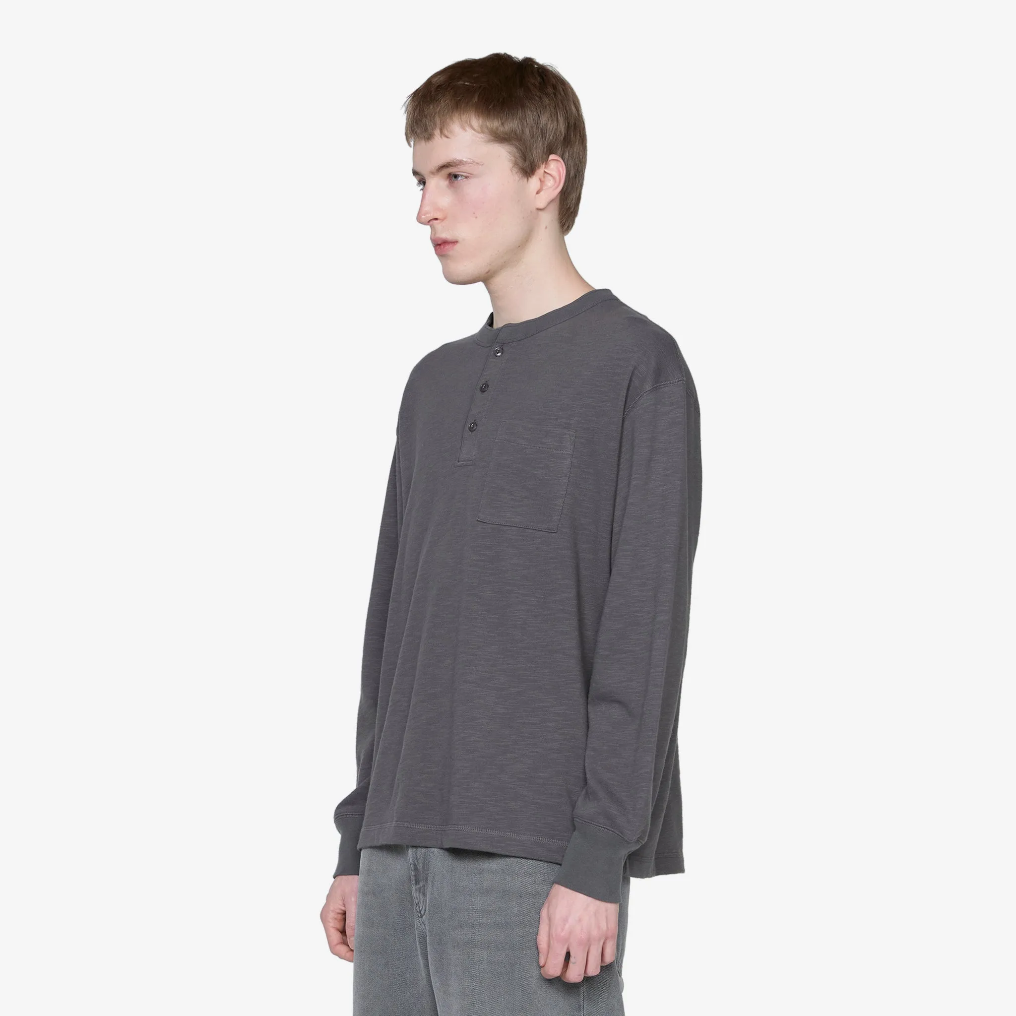 Slub Henley Neck Longsleeve T-Shirt Charcoal