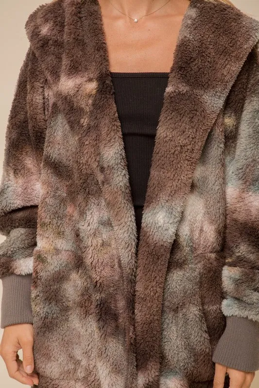 SOFT AND COZY TIE DYE FUR OPEN JACKET - SAGE/GREY