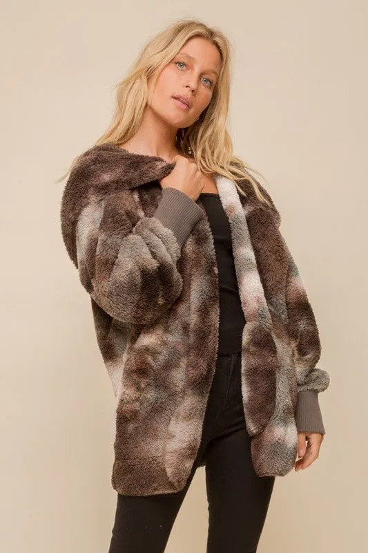 SOFT AND COZY TIE DYE FUR OPEN JACKET - SAGE/GREY