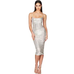 Sparkly Sequin Bodycon Cocktail Midi Dress - Silver