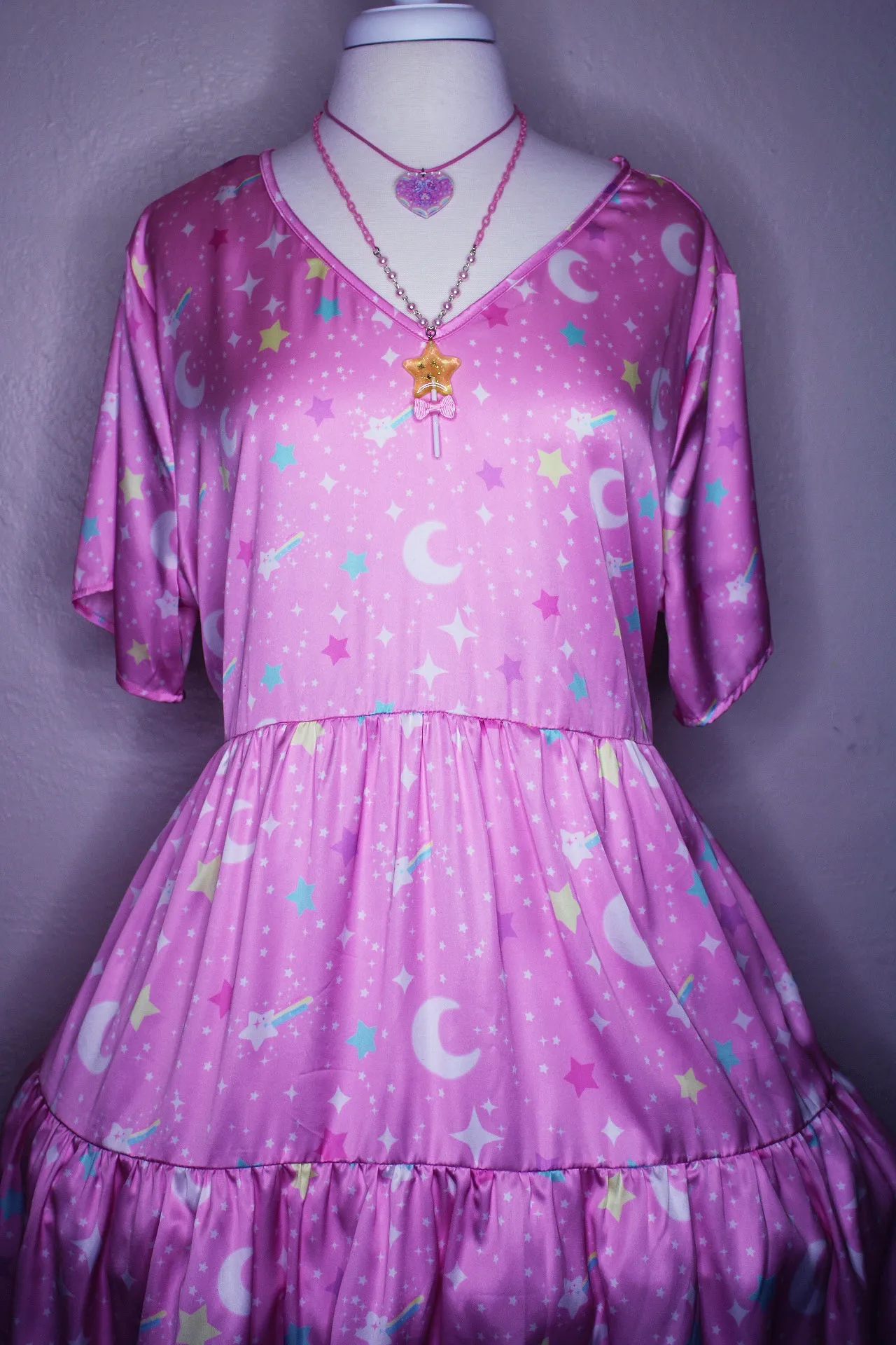 Starry Glitter Pink Tiered Short Sleeve Babydoll Dress