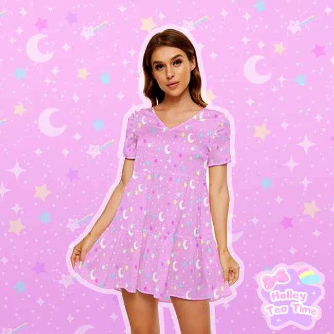 Starry Glitter Pink Tiered Short Sleeve Babydoll Dress