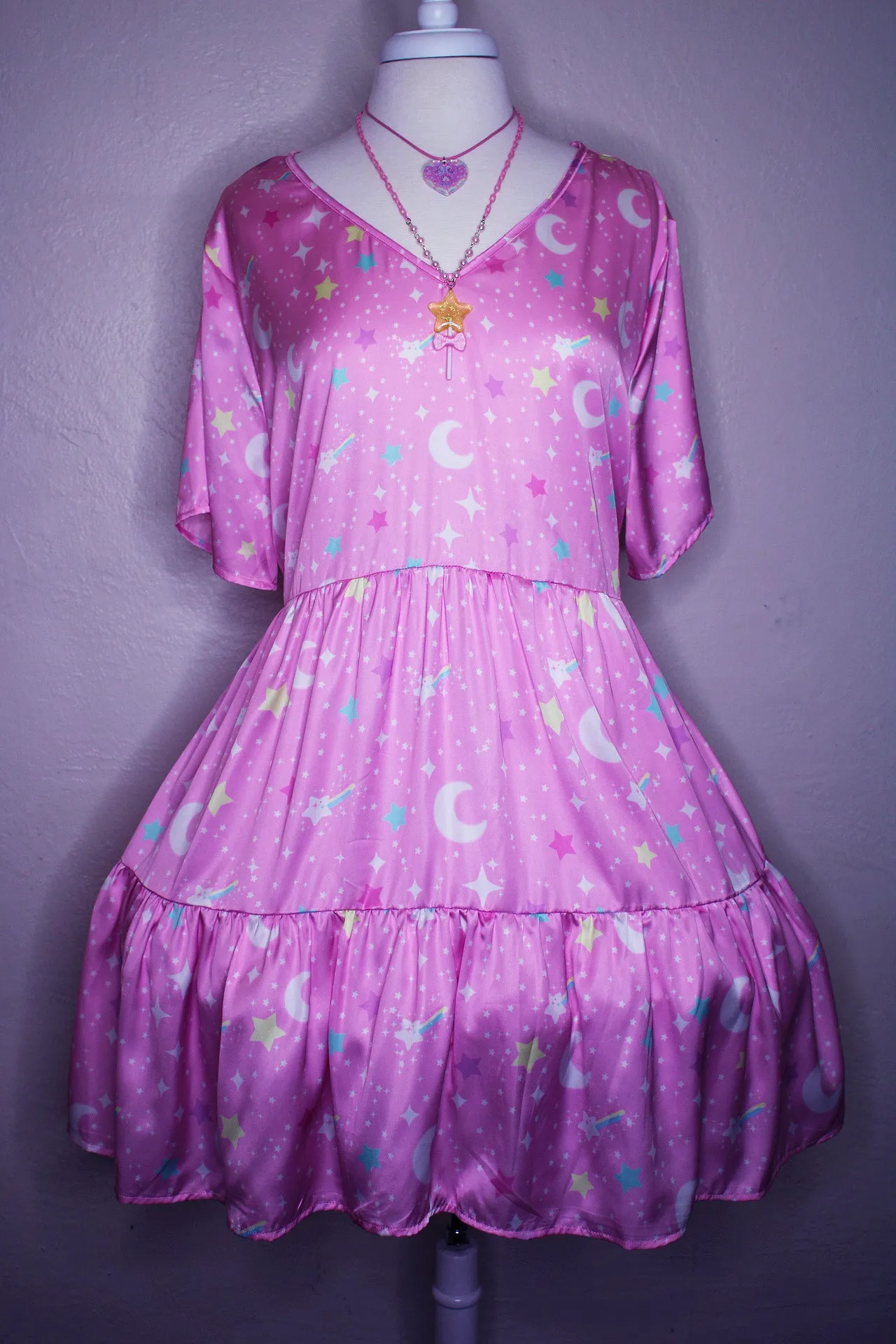 Starry Glitter Pink Tiered Short Sleeve Babydoll Dress