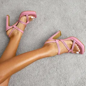 Strappy Open Toe Twisted Strap Platform High Heel Sandals - Pink