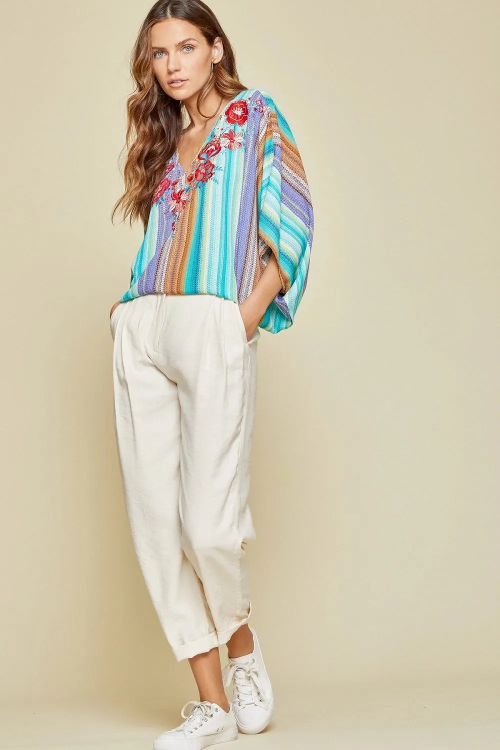 Striped Embroidered Poncho Top