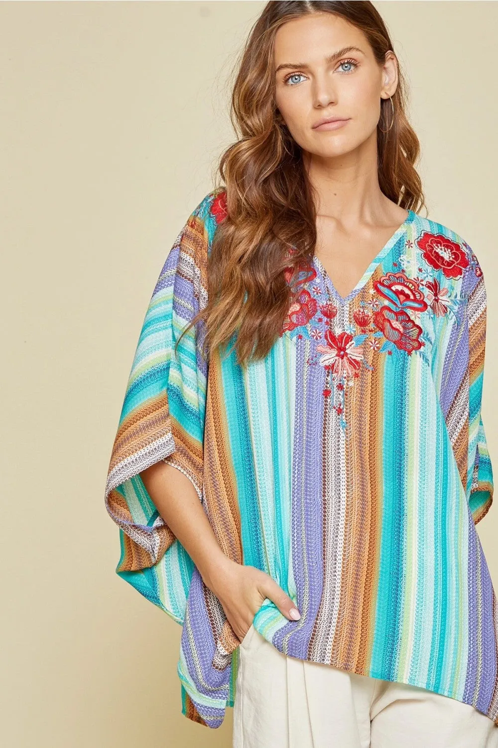 Striped Embroidered Poncho Top