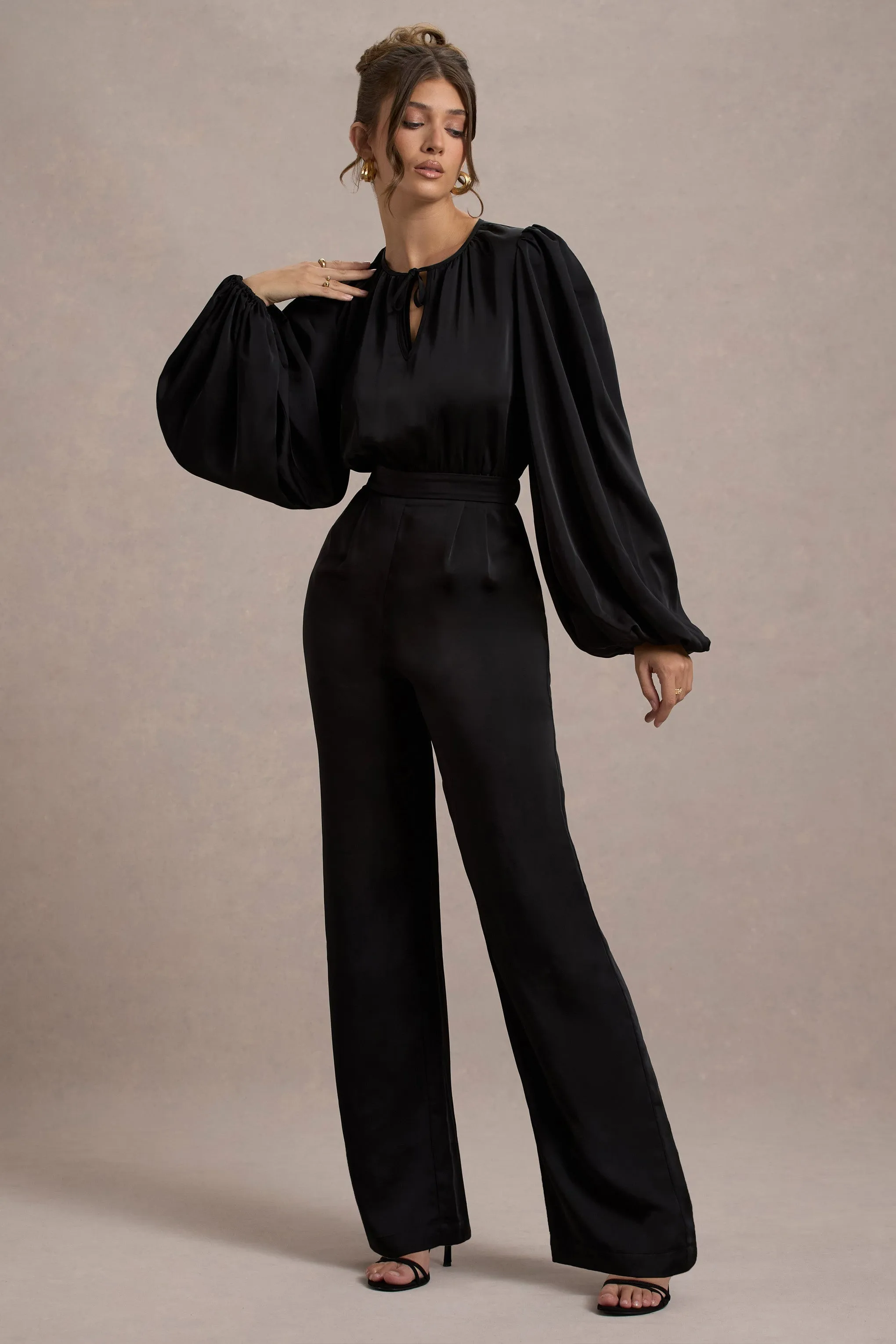 Suzanna | Black Satin Puff-Sleeve Wide-Leg Jumpsuit