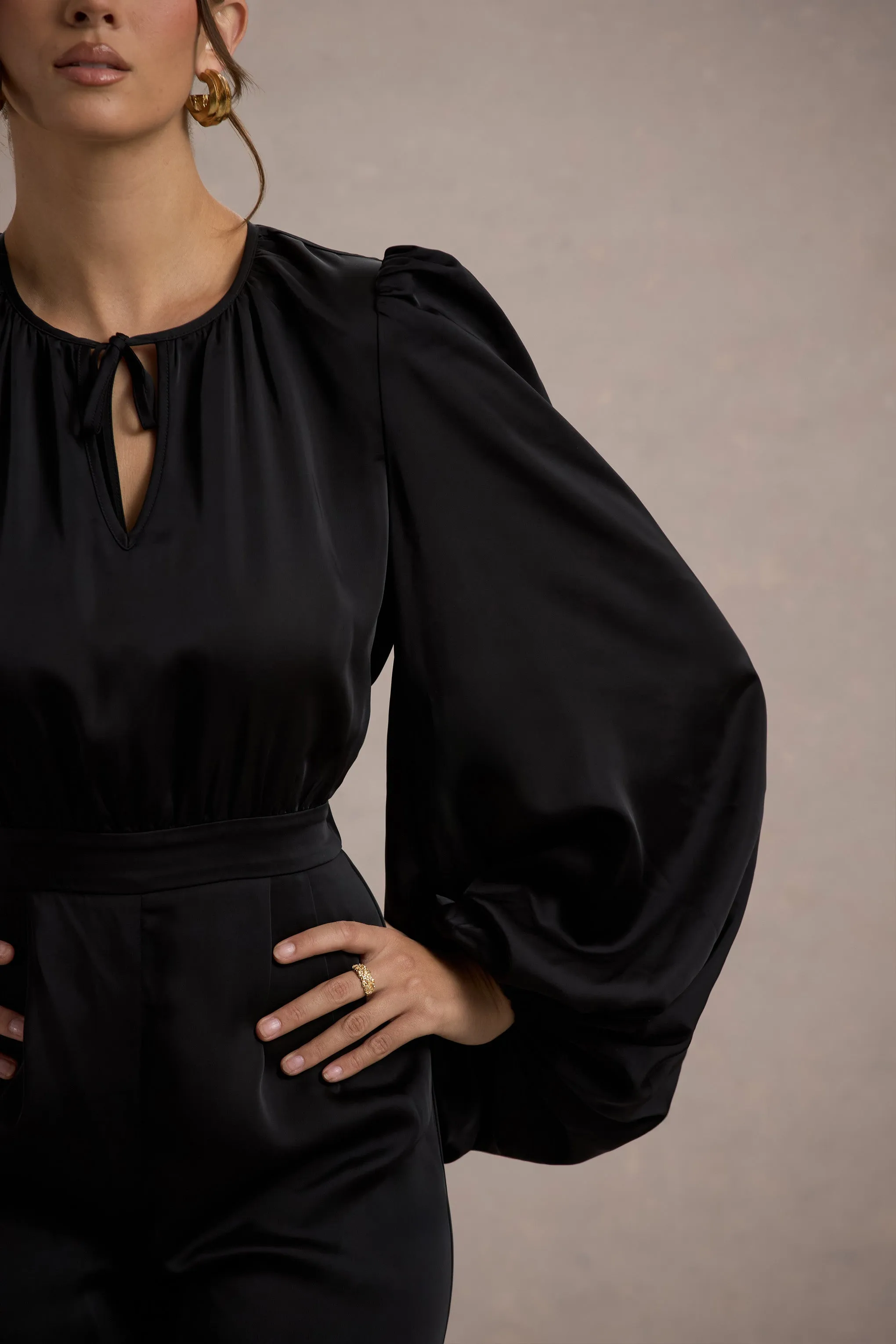 Suzanna | Black Satin Puff-Sleeve Wide-Leg Jumpsuit