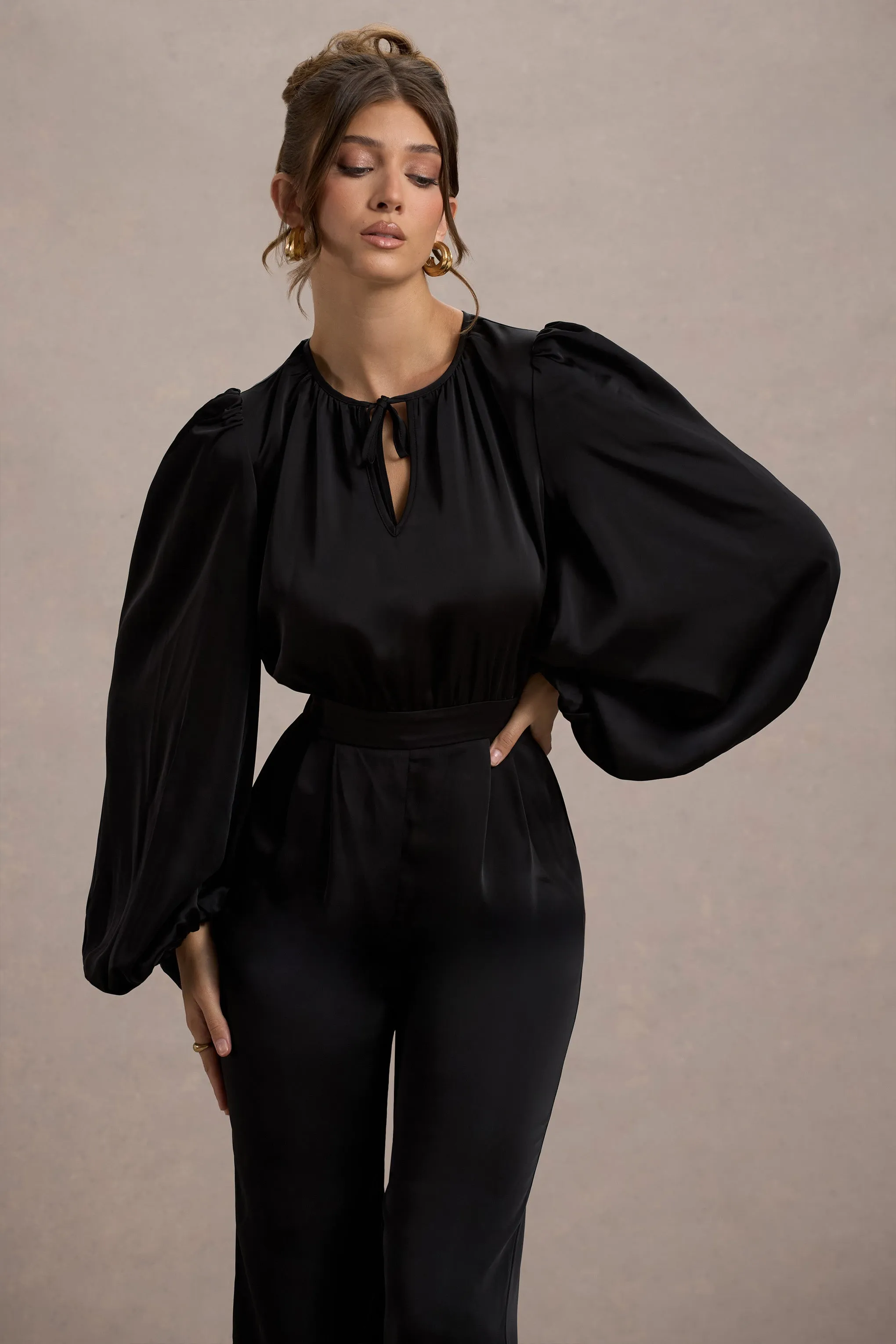 Suzanna | Black Satin Puff-Sleeve Wide-Leg Jumpsuit