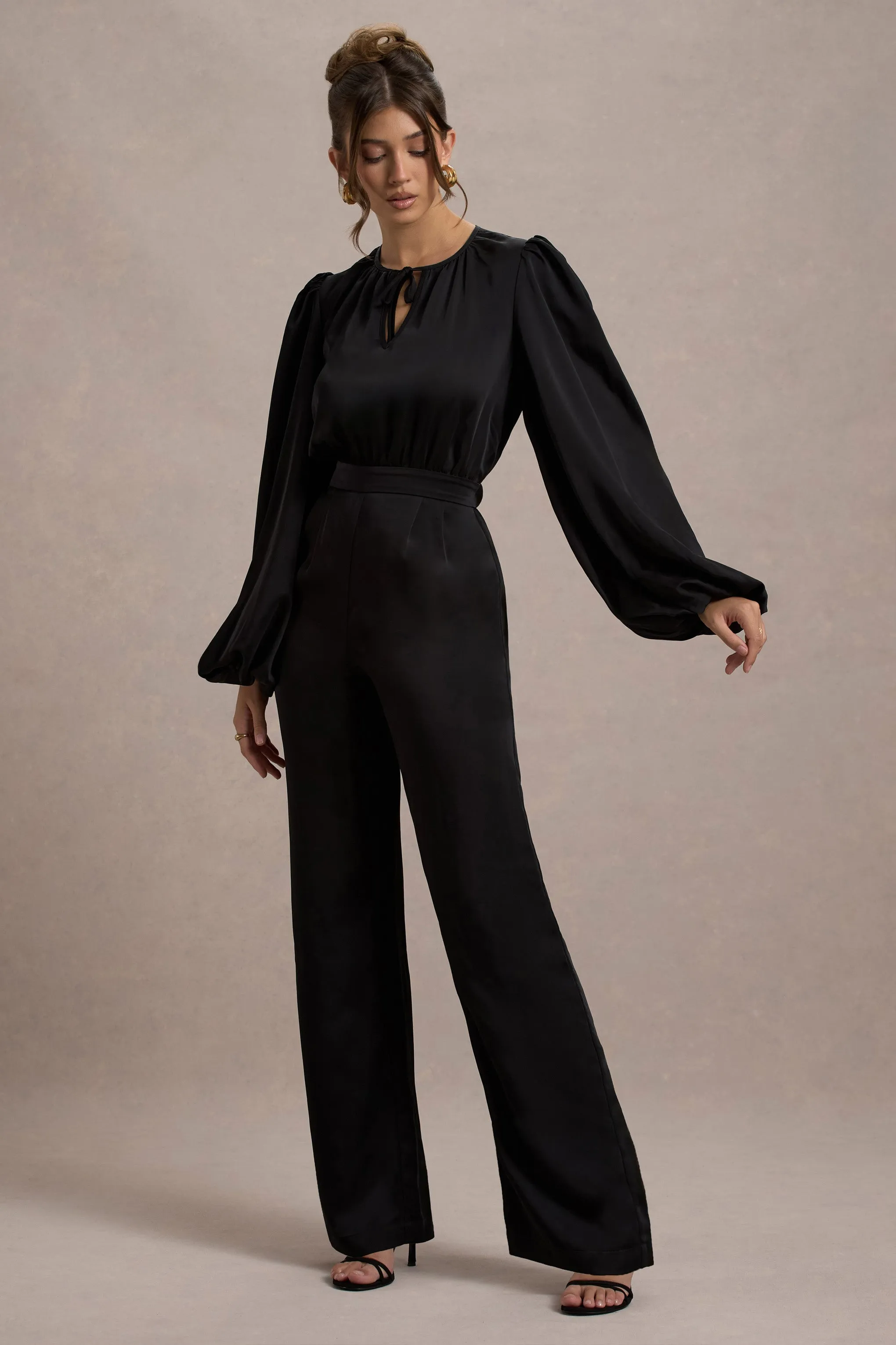 Suzanna | Black Satin Puff-Sleeve Wide-Leg Jumpsuit