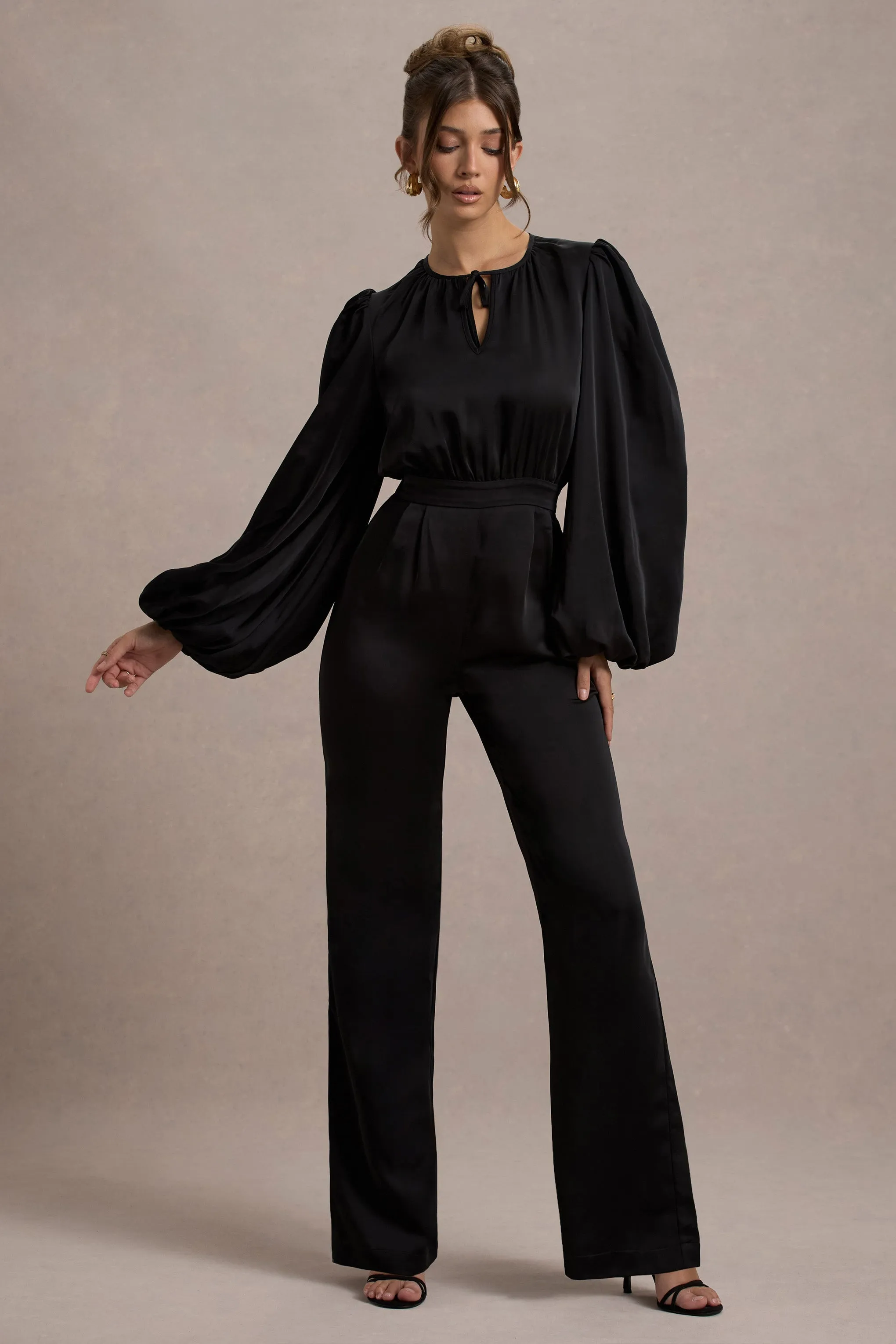 Suzanna | Black Satin Puff-Sleeve Wide-Leg Jumpsuit