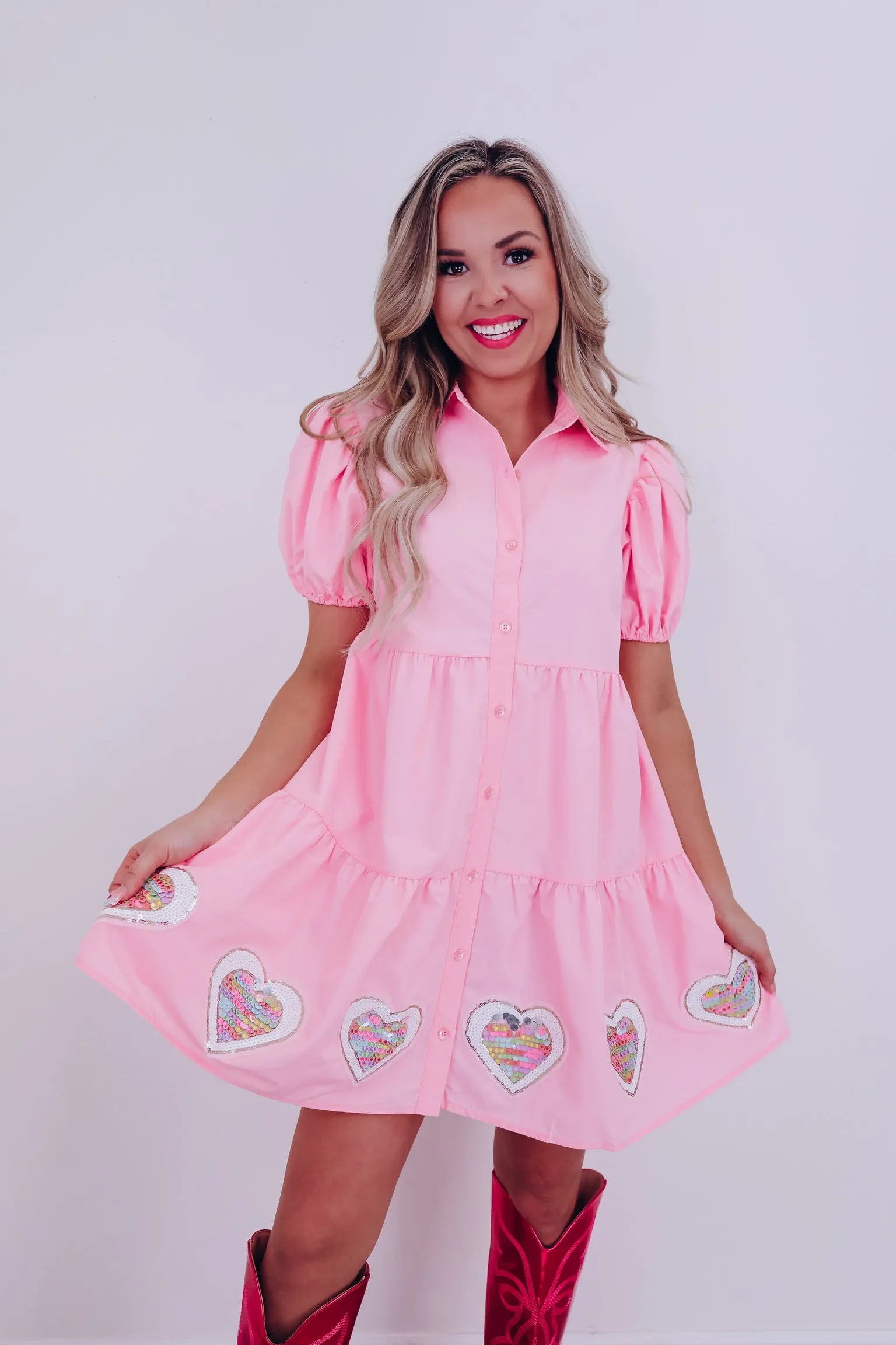 Sweet Heart Sequin Patch Babydoll Dress - Pink