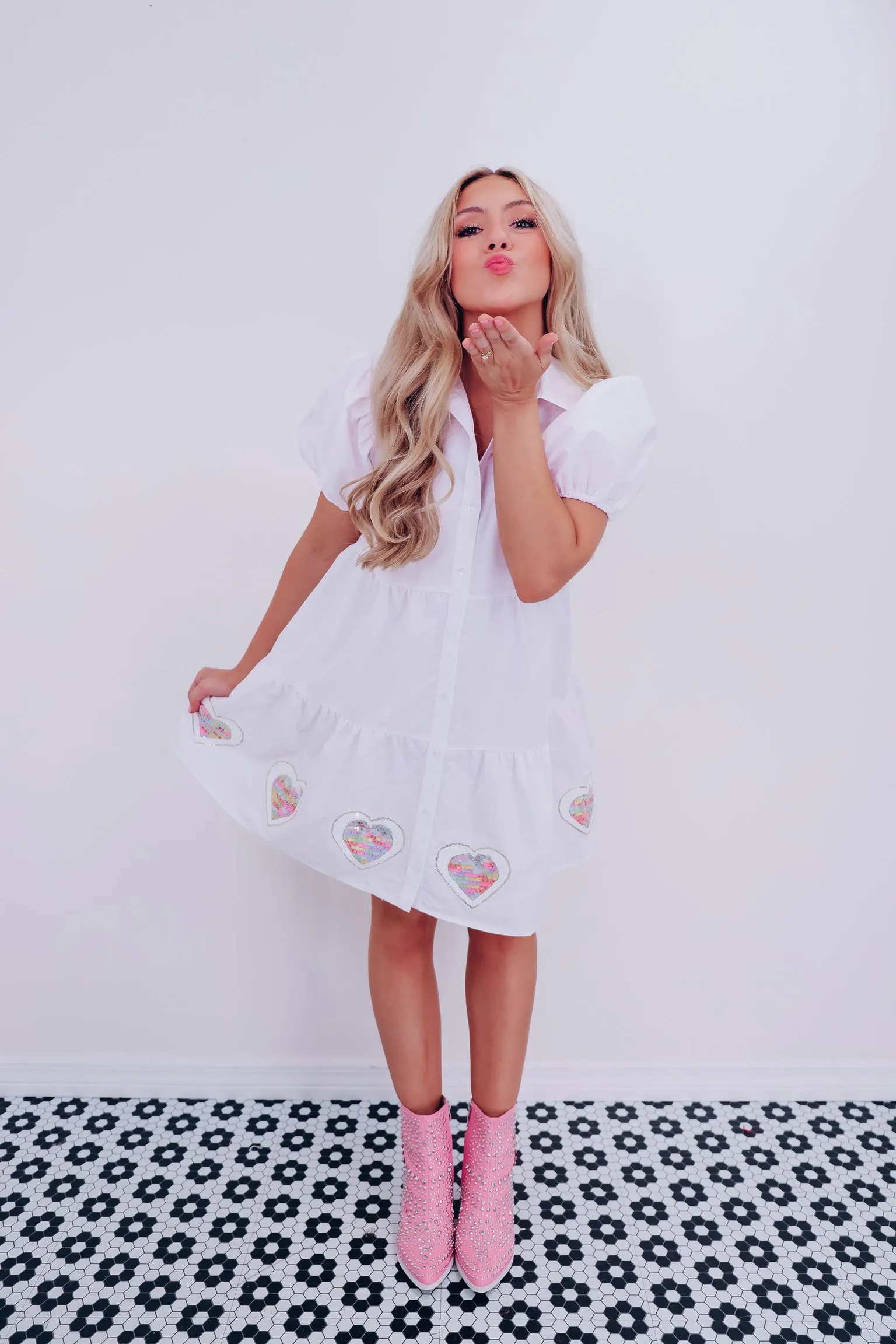 Sweet Heart Sequin Patch Babydoll Dress - White