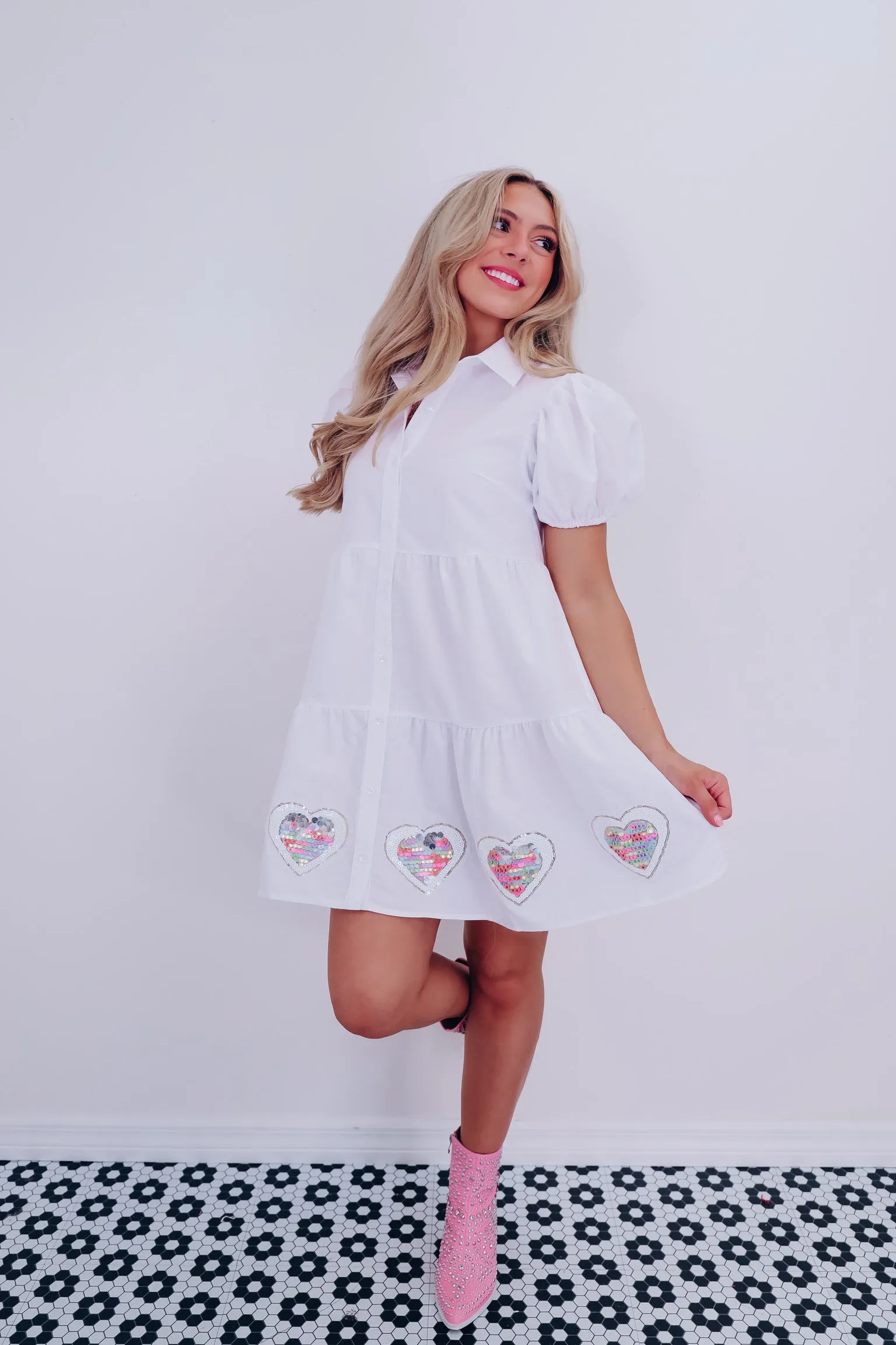 Sweet Heart Sequin Patch Babydoll Dress - White