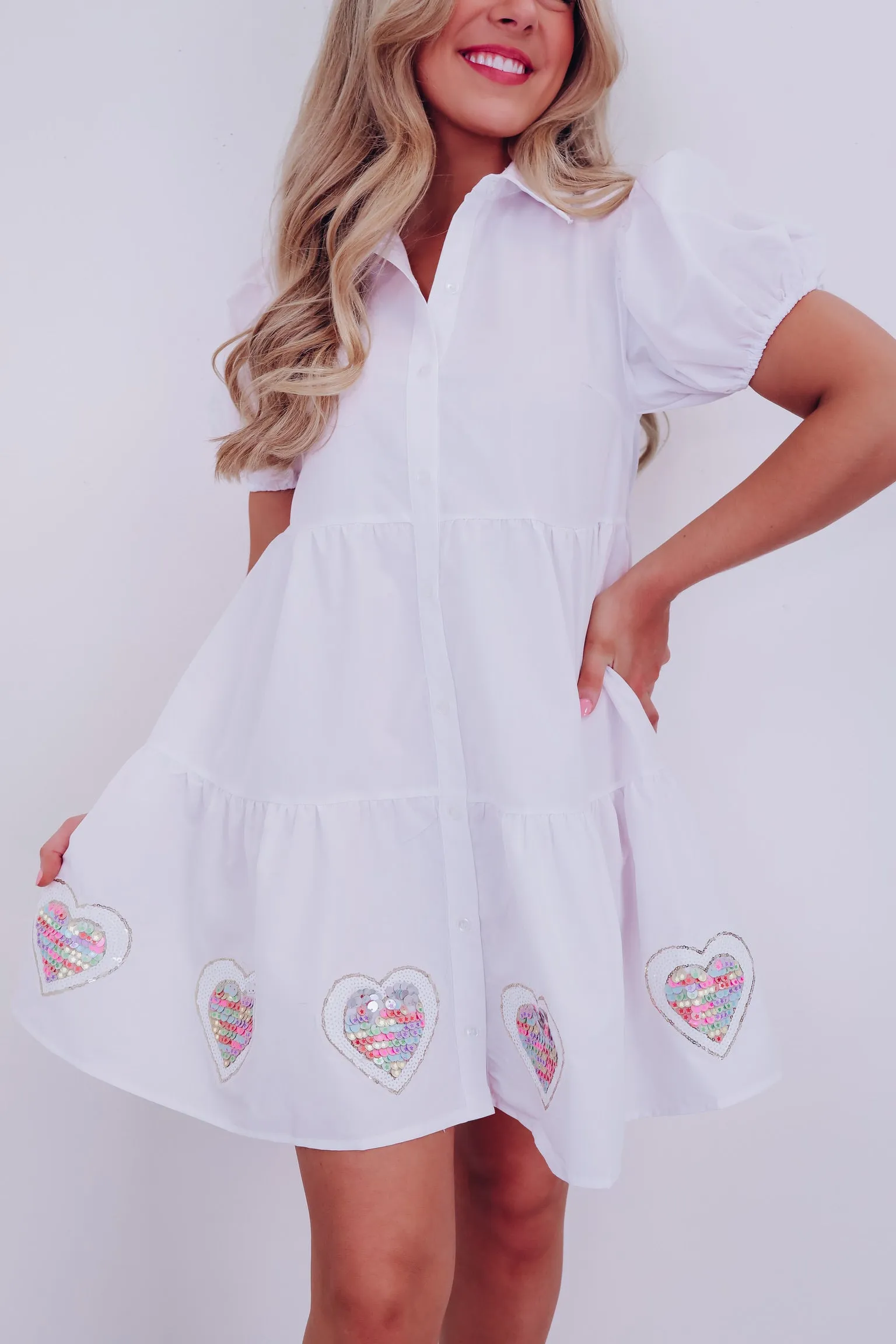 Sweet Heart Sequin Patch Babydoll Dress - White