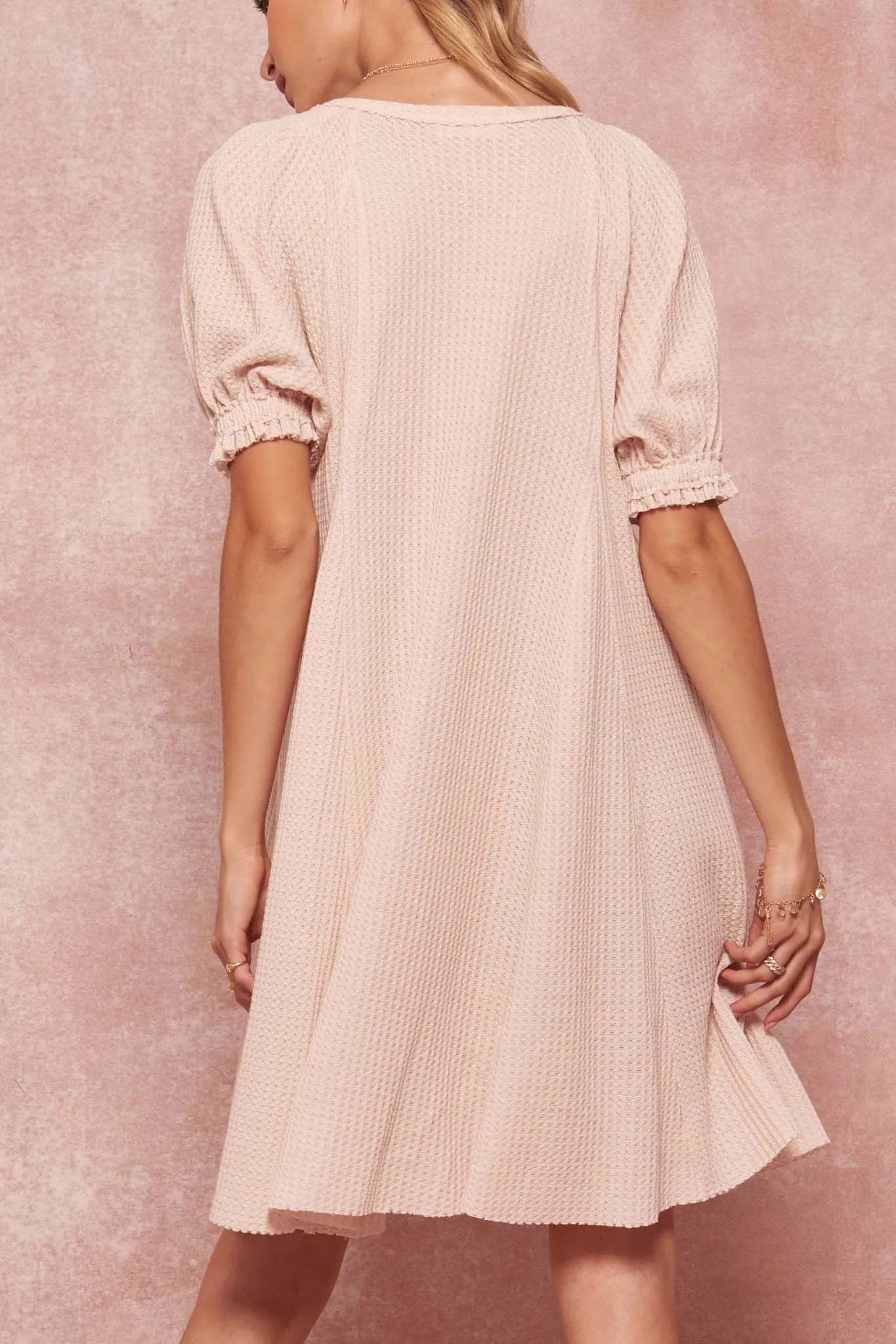 Take It Easy Waffle Knit Puff-Sleeve Swing Dress