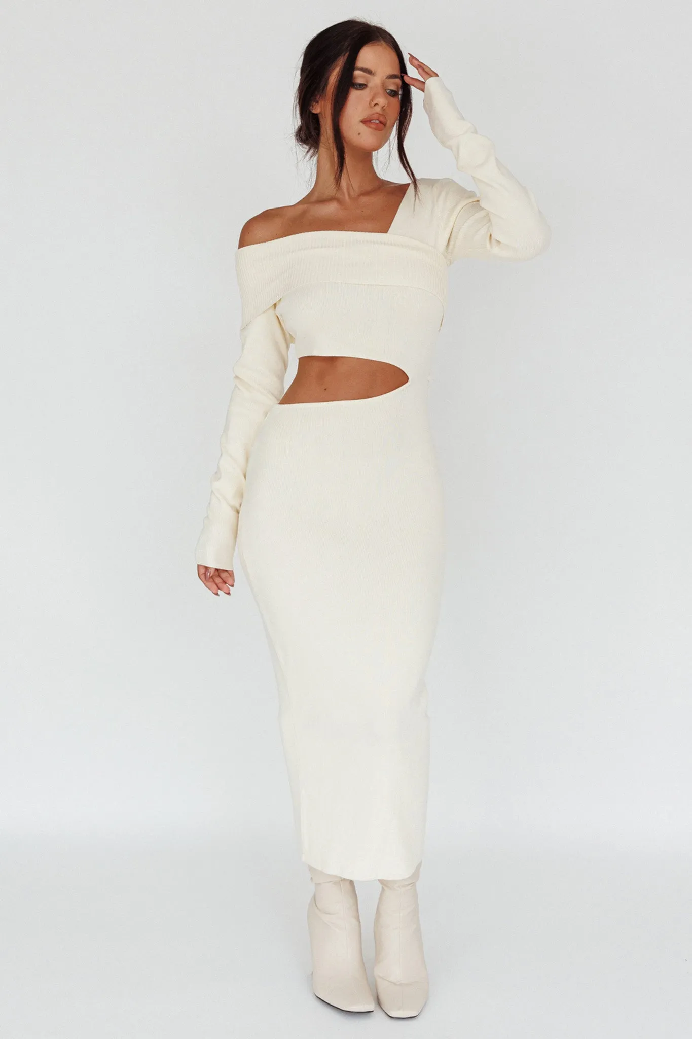 Tamar Long Sleeve One-Shoulder Midi Dress Cream