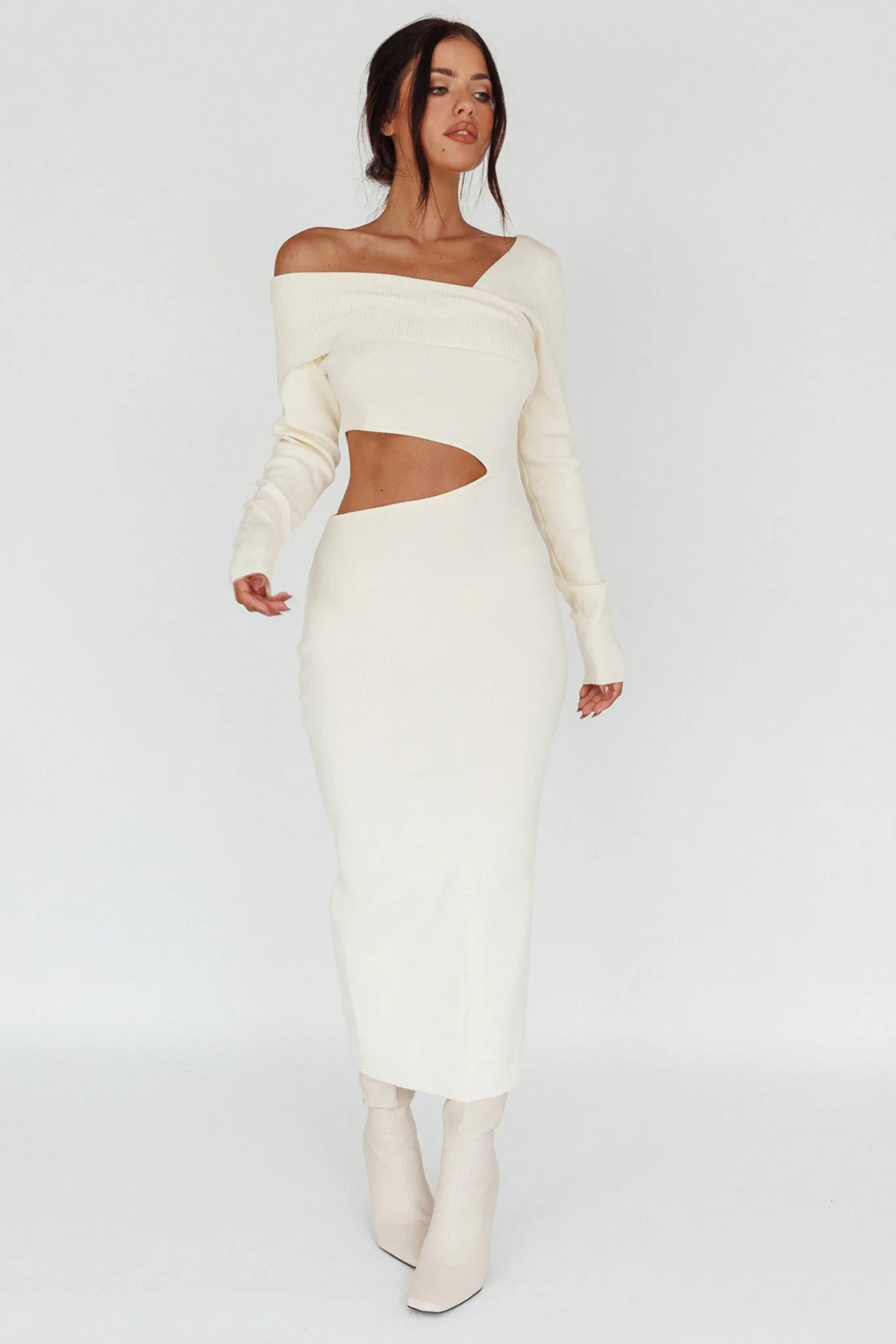 Tamar Long Sleeve One-Shoulder Midi Dress Cream